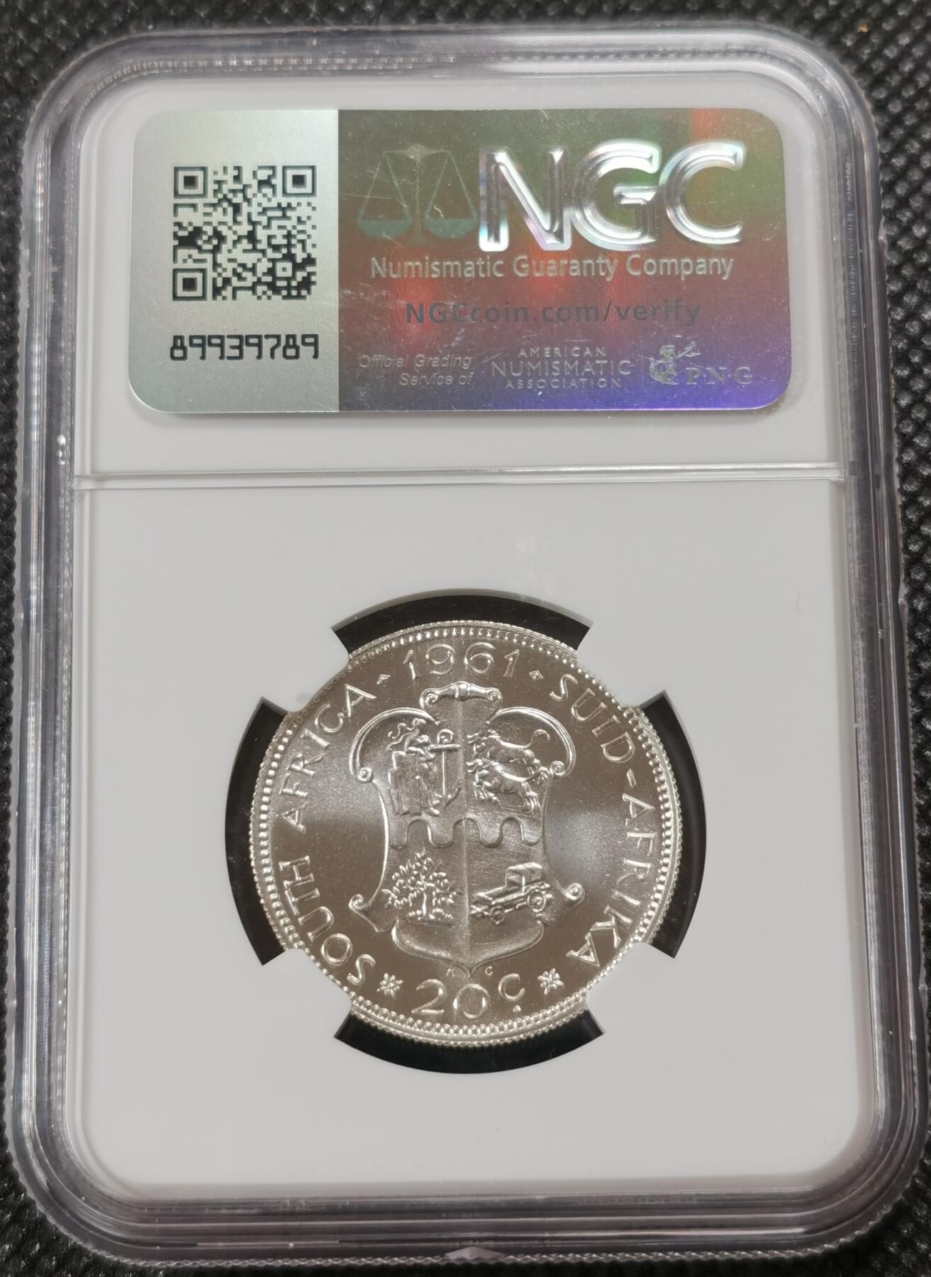 甄臻铺-世界钱币拍卖-南非西非东非专场（第10期）送拍享返佣金等优惠多多 NGC-PF67 南非 1961 20分 吕贝克首年精制银币 币面转光，少见