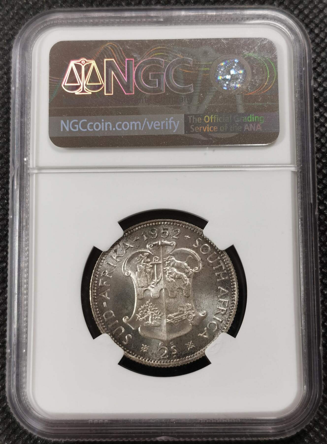 甄臻铺-世界钱币拍卖-南非西非东非专场（第10期）送拍享返佣金等优惠多多 NGC-PF66 英属南非 1952 2先令 银币精制 原味包浆，币面转光