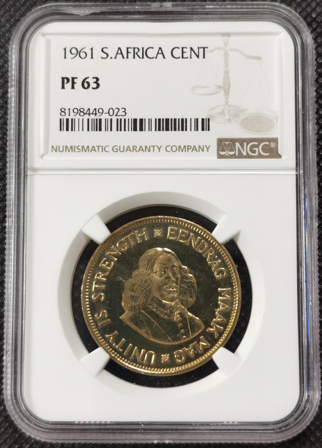 甄臻铺-世界钱币拍卖-南非西非东非专场（第10期）送拍享返佣金等优惠多多 NGC-PF63 南非 1961 1分 吕贝克首年精制铜币 币面转光，少见