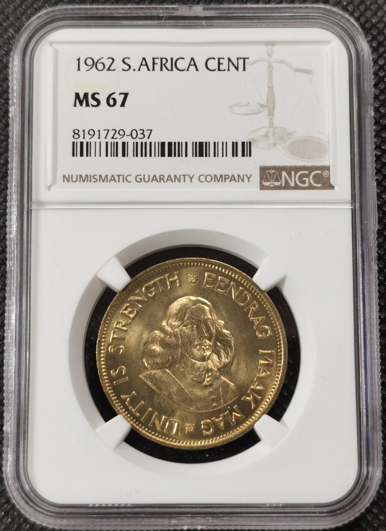 甄臻铺-世界钱币拍卖-南非西非东非专场（第10期）送拍享返佣金等优惠多多 NGC-MS67 南非 1962 1分 吕贝克铜币 币面转光，保存完好不易