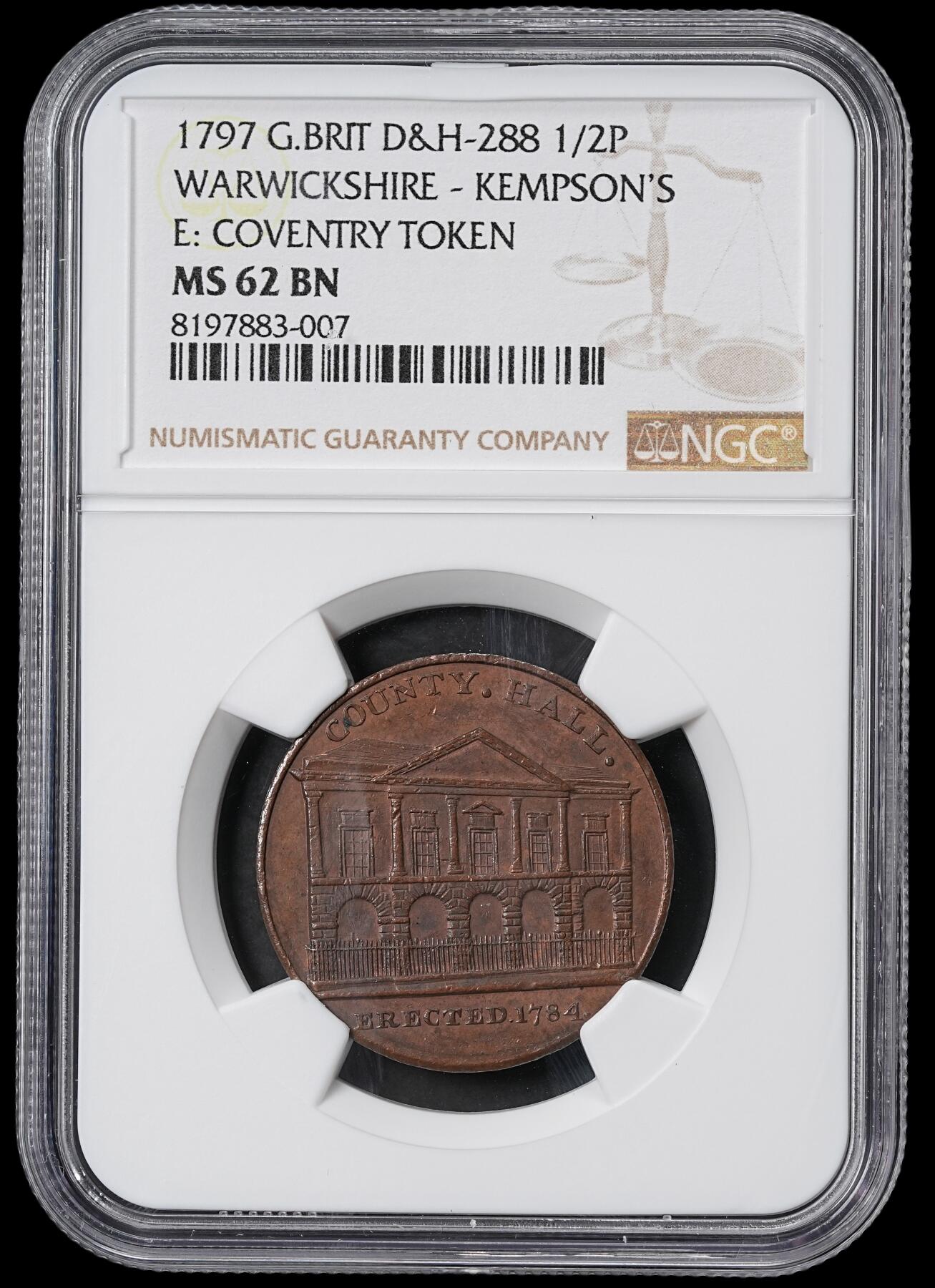修遠堂世界钱币第六十二期 NGC MS62BN 1797年英国沃里克郡建筑系列1/2便士代用币
