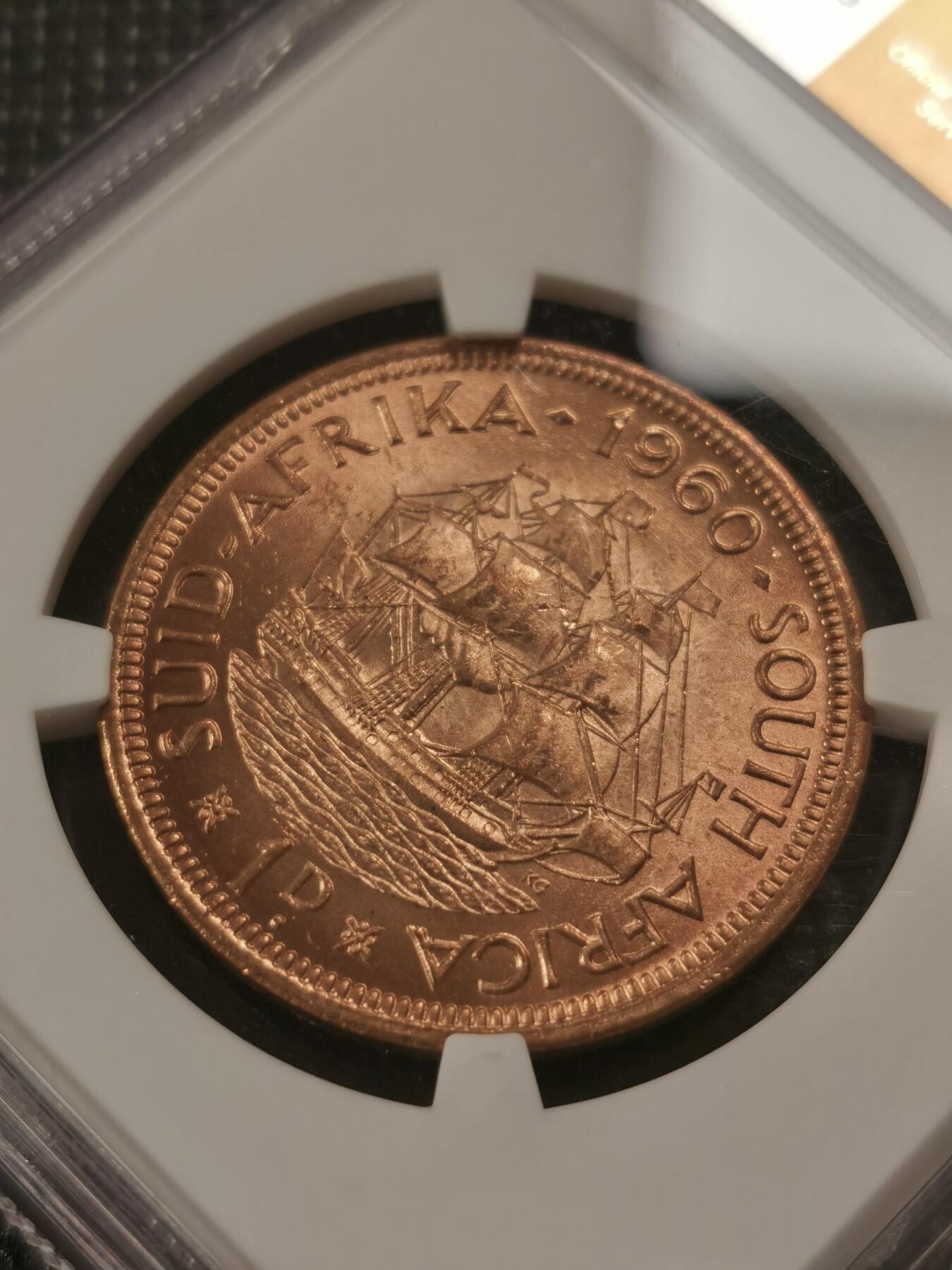 甄臻铺-世界钱币拍卖-南非西非东非专场（第10期）送拍享返佣金等优惠多多 NGC-MS64 英属南非 1960 1便士 原味包浆，币面漂亮