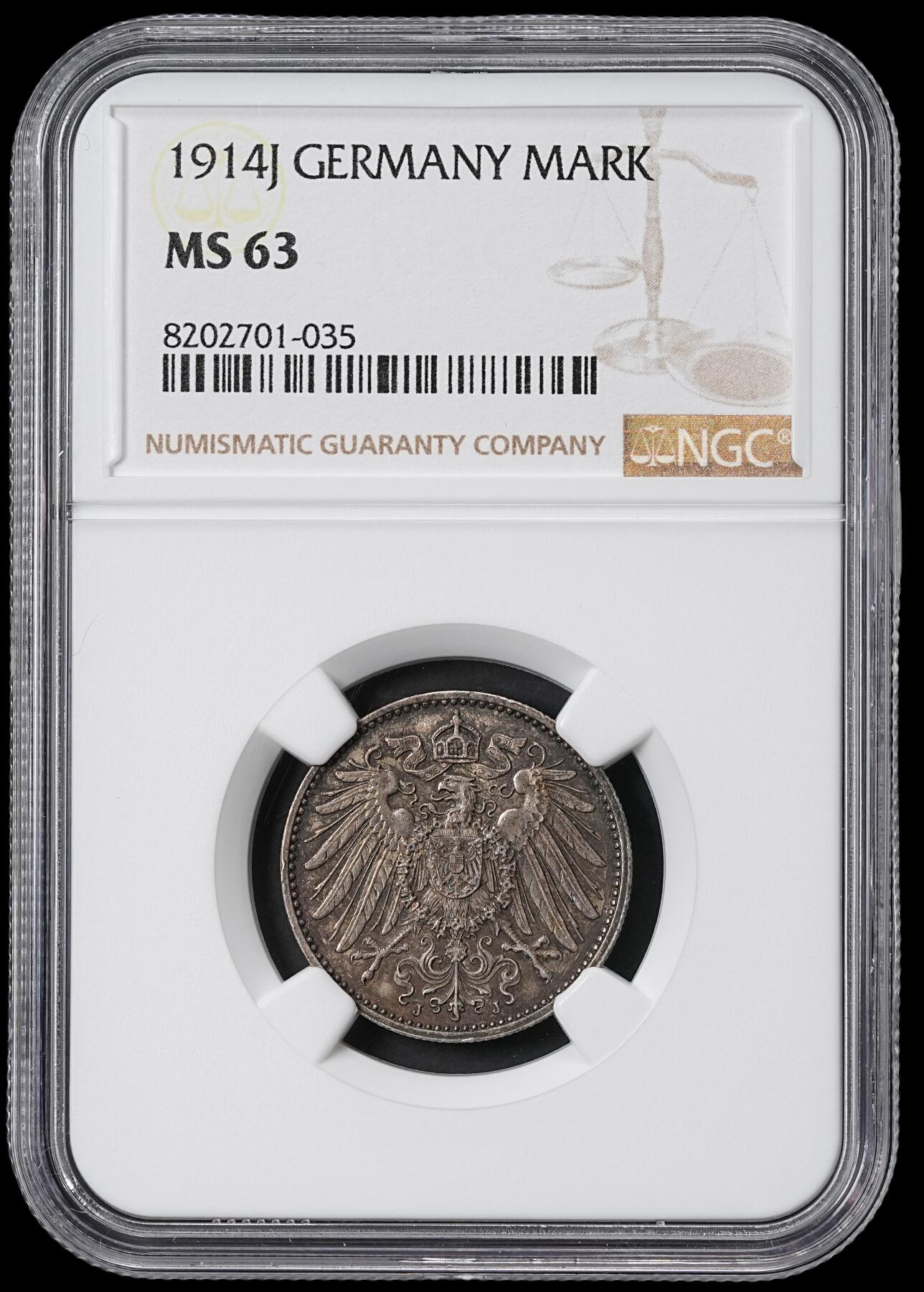 修遠堂世界钱币第六十二期 NGC MS63 1914年德国1马克银币 J厂铭