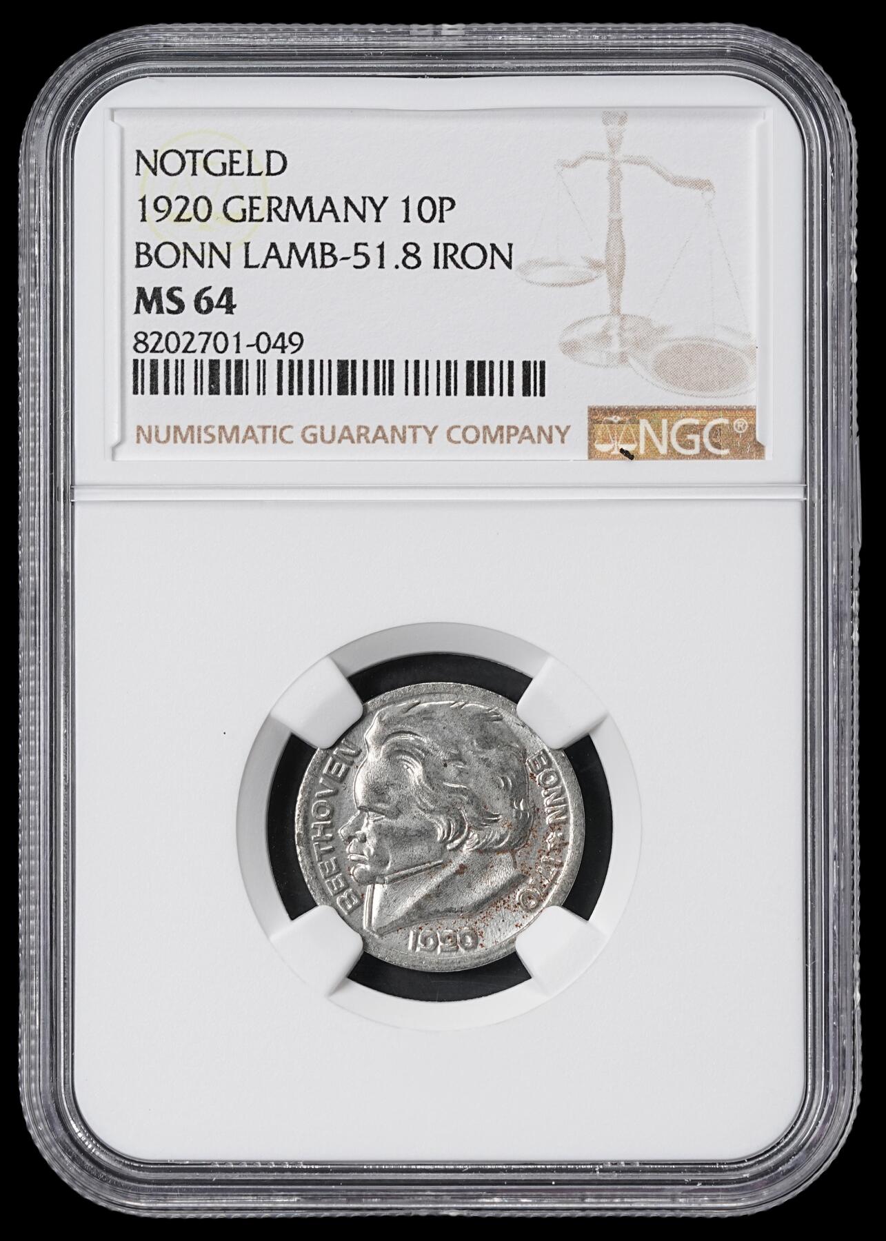 修遠堂世界钱币第六十二期 NGC MS64 1920年德国紧急时期波恩市10芬尼铁币 贝多芬头像