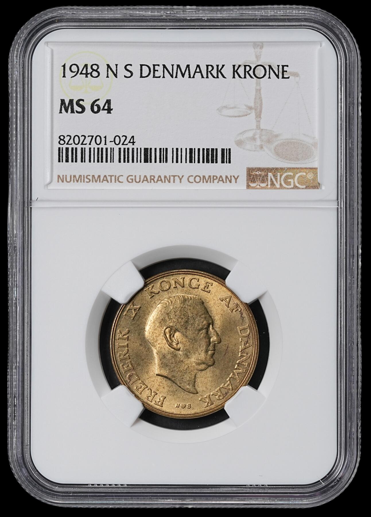 修遠堂世界钱币第六十二期 NGC MS64 1948年丹麦1克朗铜币