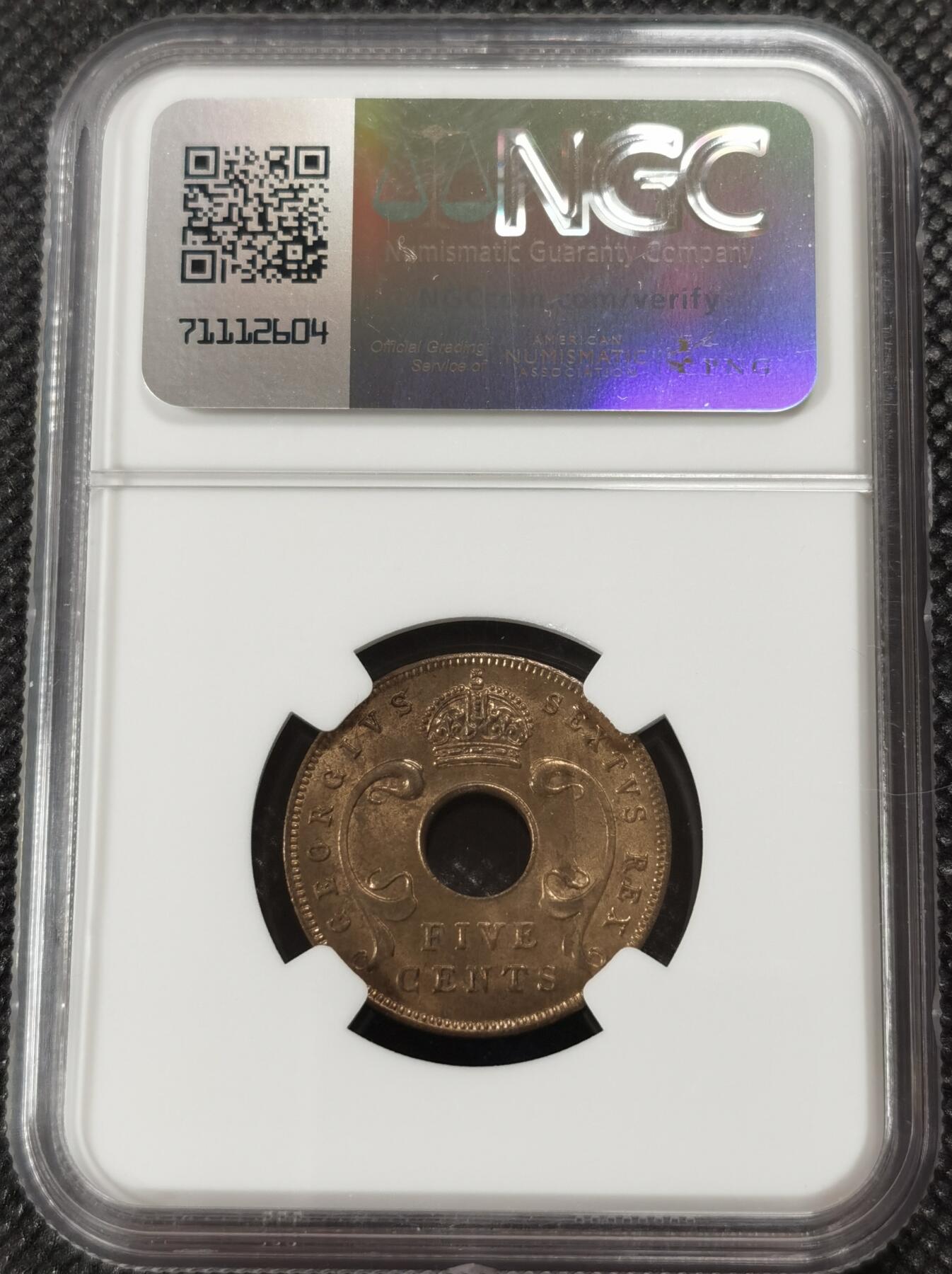 甄臻铺-世界钱币拍卖-南非西非东非专场（第10期）送拍享返佣金等优惠多多 NGC-MS64 英属东非 1952 5分 状态不错