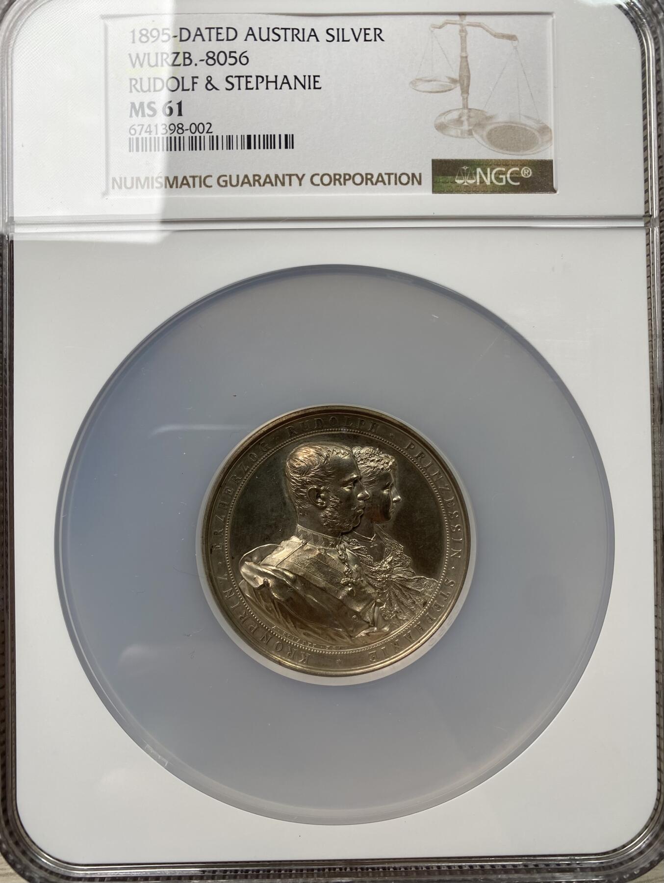 万国钱币拍卖第043期 NGC MS61 1895年奥地利皇储鲁道夫与比利时利奥波德二世女儿斯蒂芬妮公主结婚纪念大银章 维也纳造币厂铸 51MM 61.01G 高浮雕皇家大规格