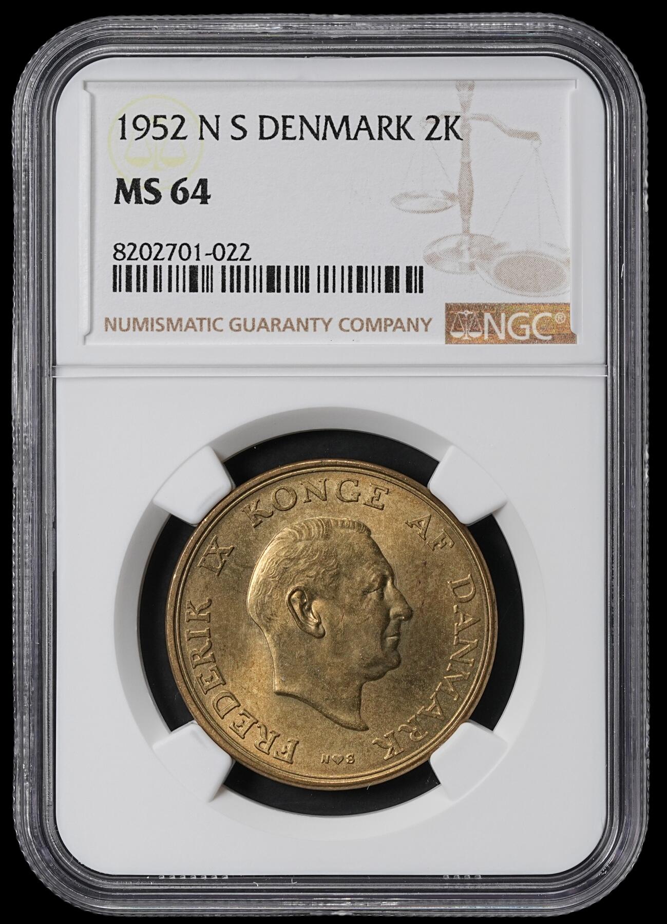 修遠堂世界钱币第六十二期 NGC MS64 1952年丹麦2克朗