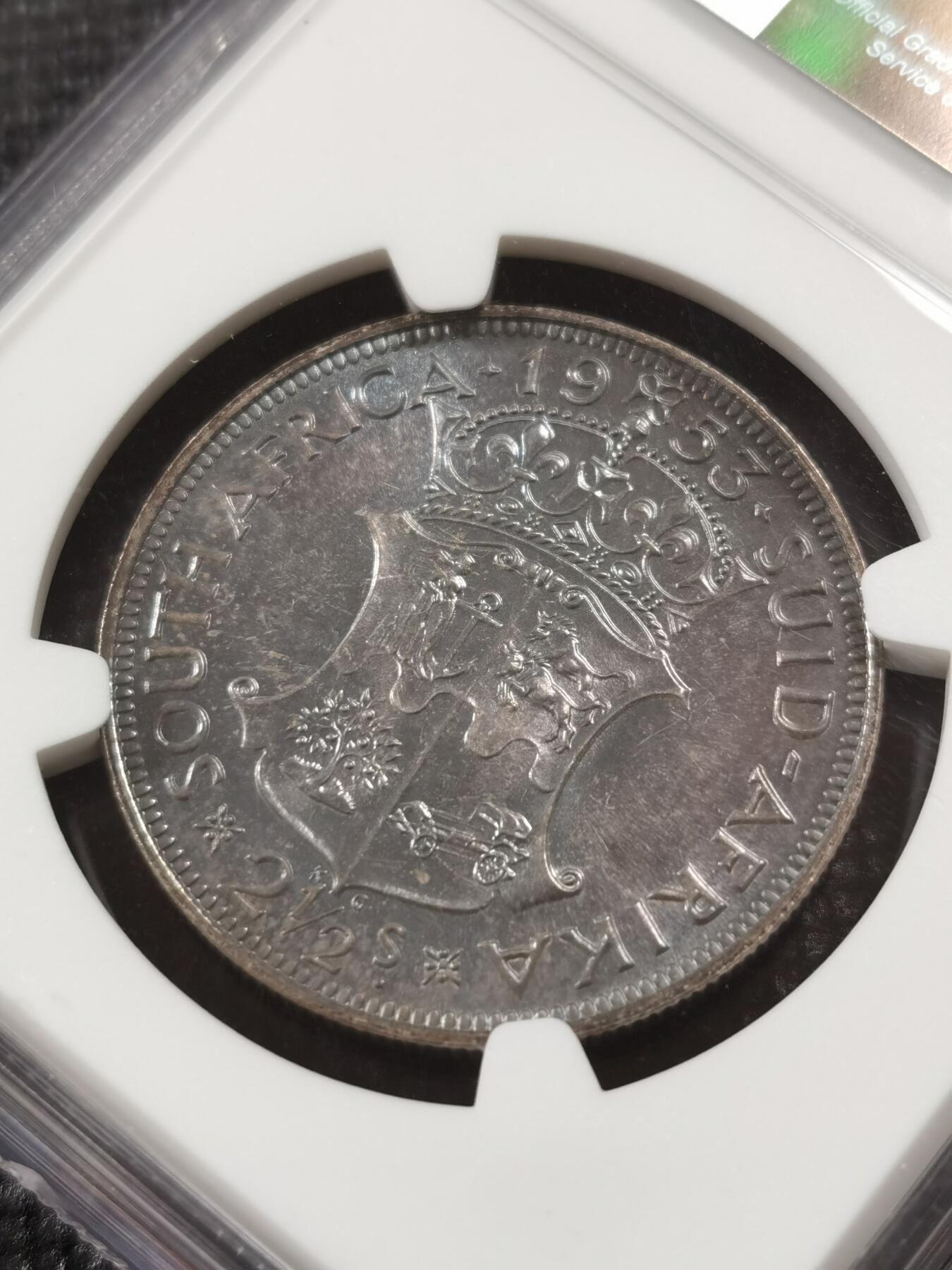 甄臻铺-世界钱币拍卖-南非西非东非专场（第10期）送拍享返佣金等优惠多多 NGC-PF64 英属南非 1953 2.5先令 银币精制 原味包浆，币面转光