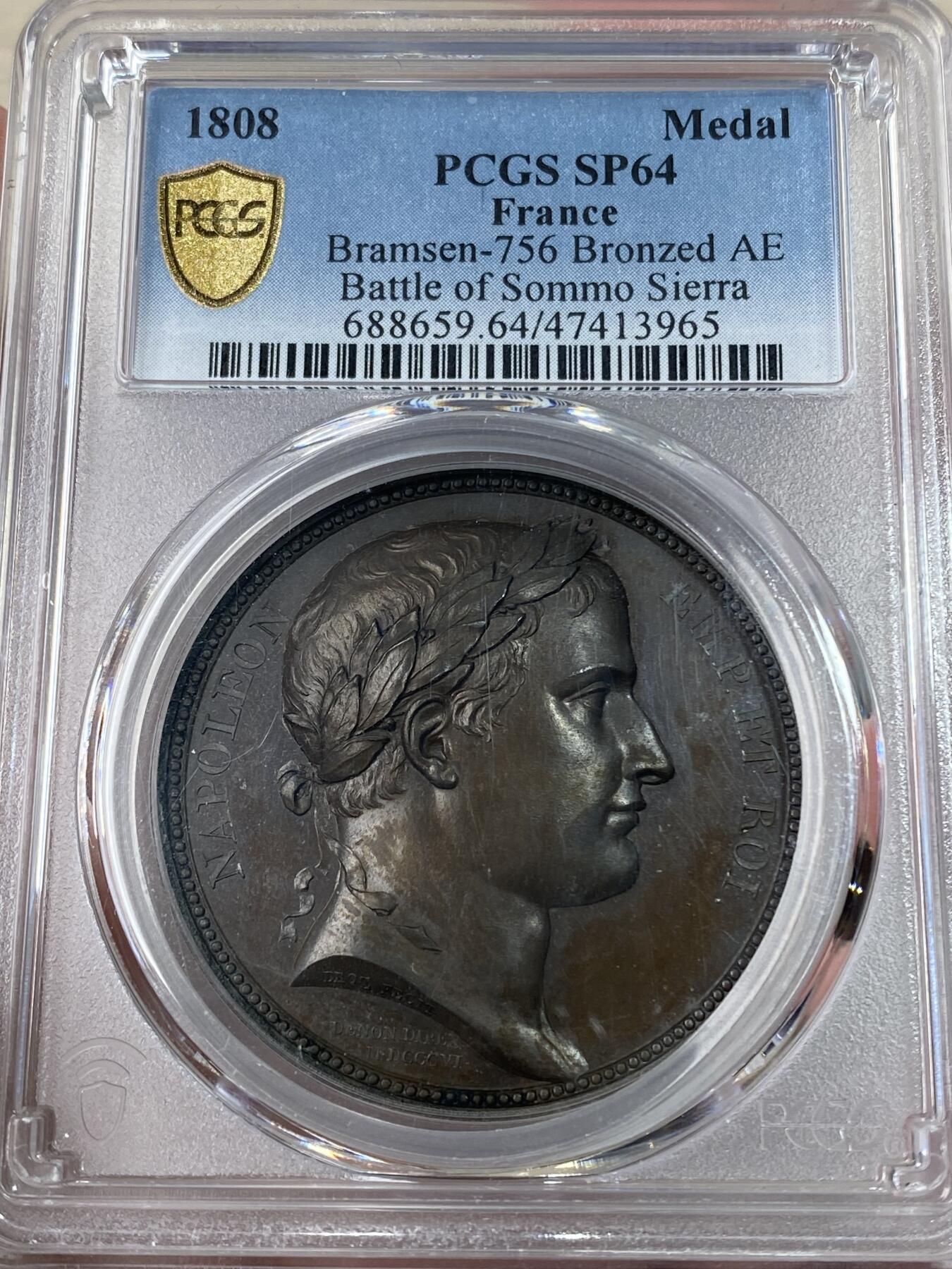 万国钱币拍卖第043期 PCGS SP64 1808年法国拿破仑索莫谢拉战役纪念原铸铜章，PC冠军分&广告封面章，完美收藏级品质。