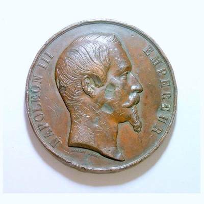 法国1855年 拿破仑三世徽章盾牌高浮雕精制超大铜章 60MM 111克 - 法国1855年 拿破仑三世徽章盾牌高浮雕精制超大铜章 60MM 111克