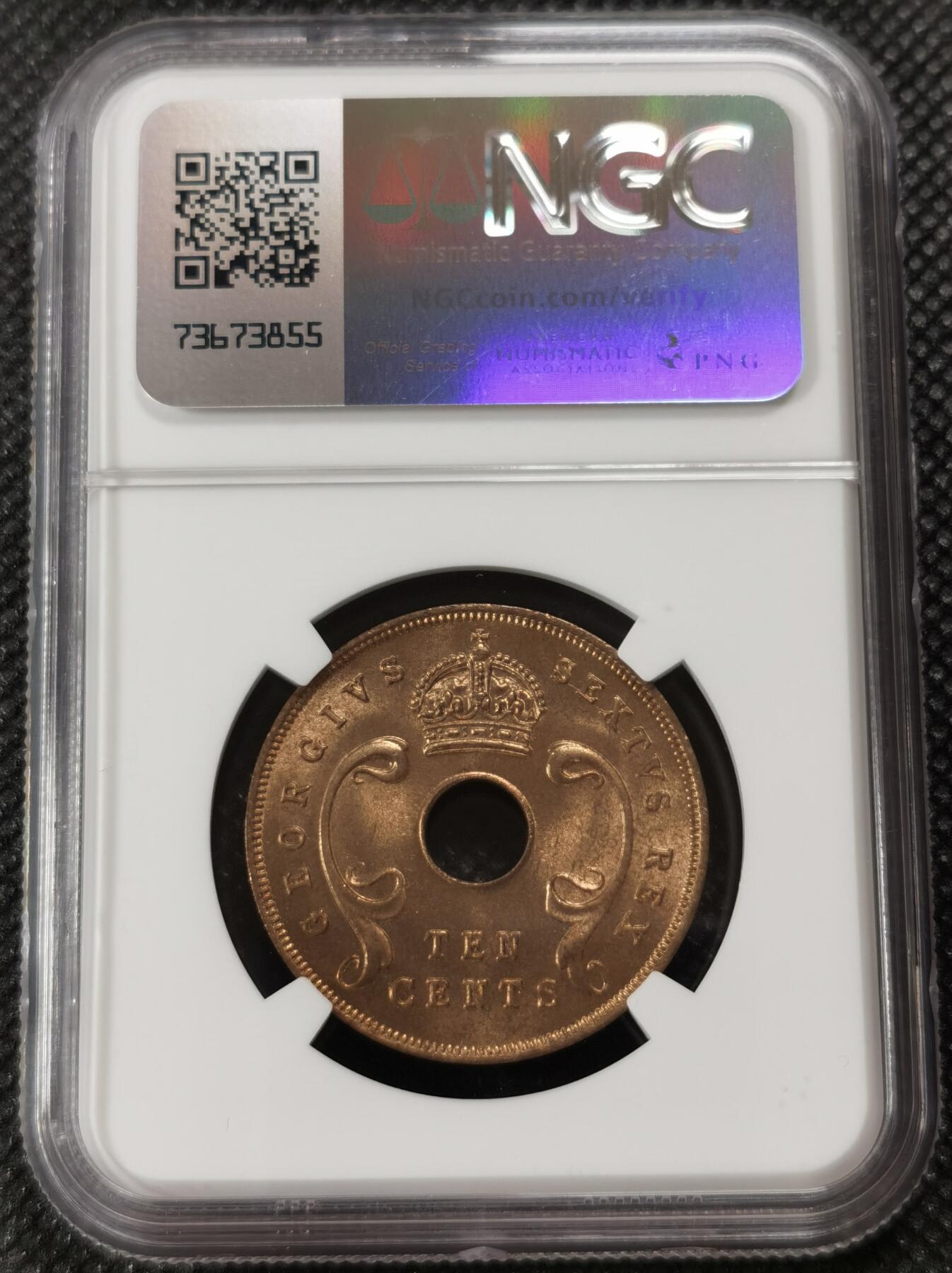 甄臻铺-世界钱币拍卖-南非西非东非专场（第10期）送拍享返佣金等优惠多多 NGC-MS65 英属东非 1952 10分 原味包浆，币面漂亮