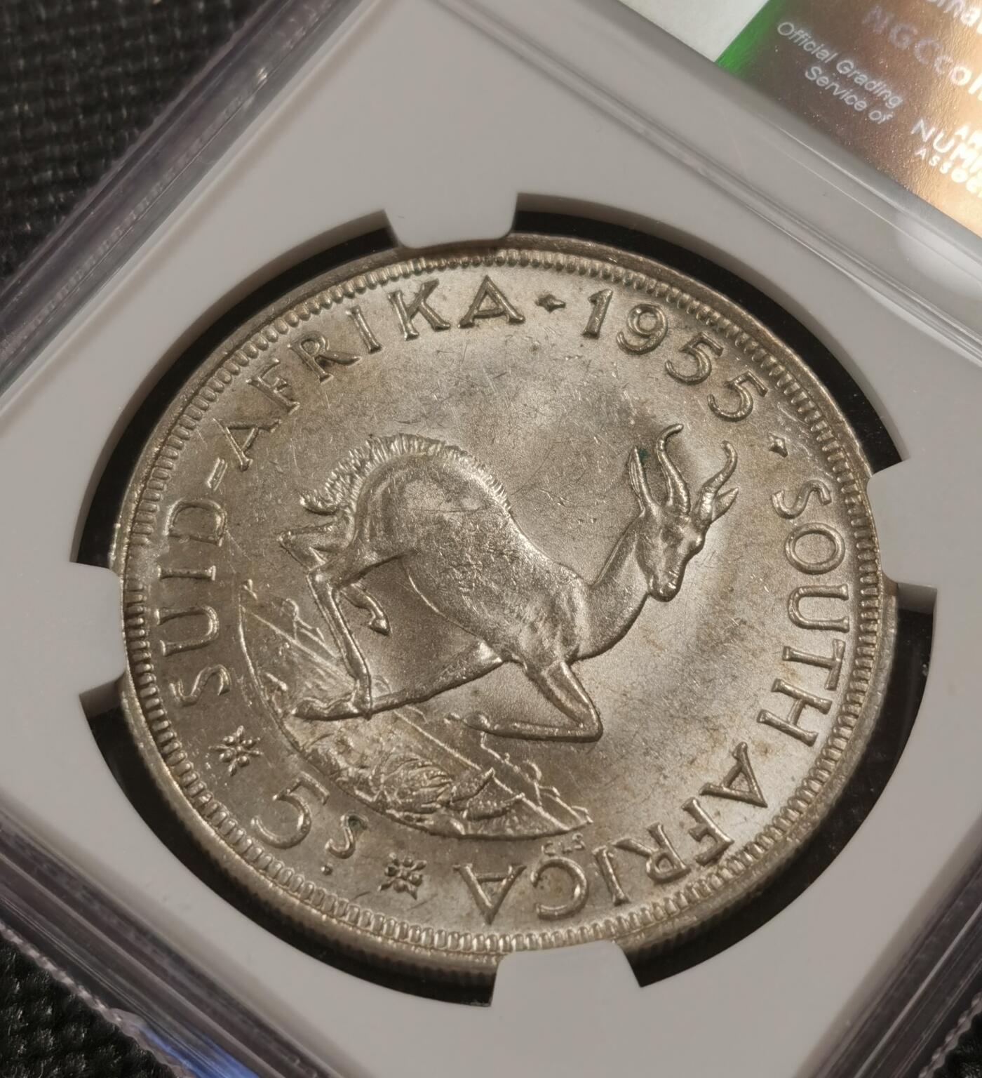 甄臻铺-世界钱币拍卖-南非西非东非专场（第10期）送拍享返佣金等优惠多多 NGC-MS63 英属南非 1955 5先令 银币 原味包浆，币面漂亮