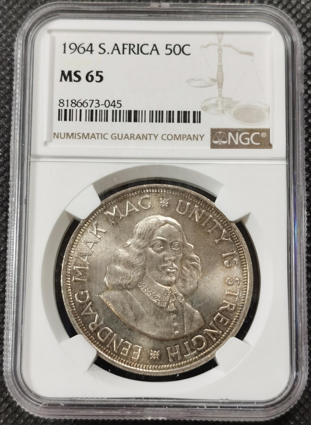 甄臻铺-世界钱币拍卖-南非西非东非专场（第10期）送拍享返佣金等优惠多多 NGC-MS65 南非 1964 50分 吕贝克跳羚银币，原味包浆，币面漂亮