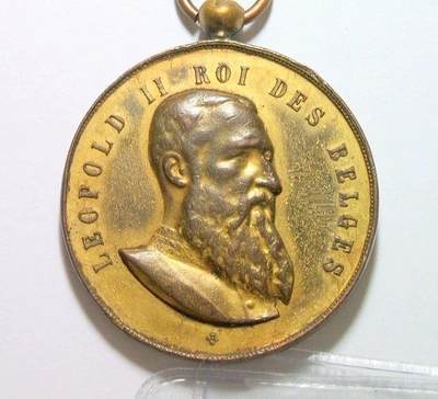 比利时1909年 利奥波德二世高浮雕精制大镀金章 40MM  - 比利时1909年 利奥波德二世高浮雕精制大镀金章 40MM 