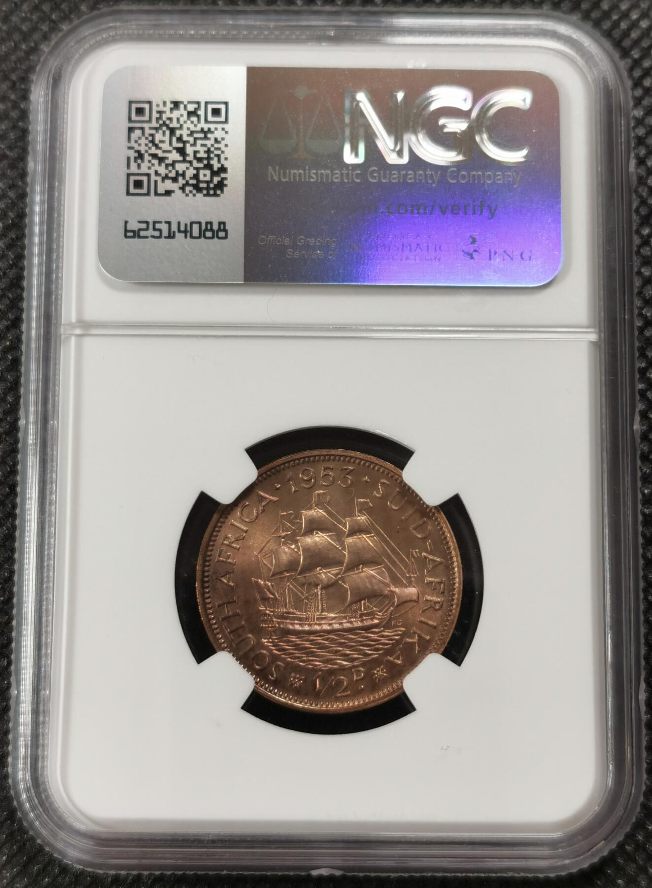 甄臻铺-世界钱币拍卖-南非西非东非专场（第10期）送拍享返佣金等优惠多多 NGC-PF66RB 英属南非 1953 1/2便士 精制 原味包浆，币面转光