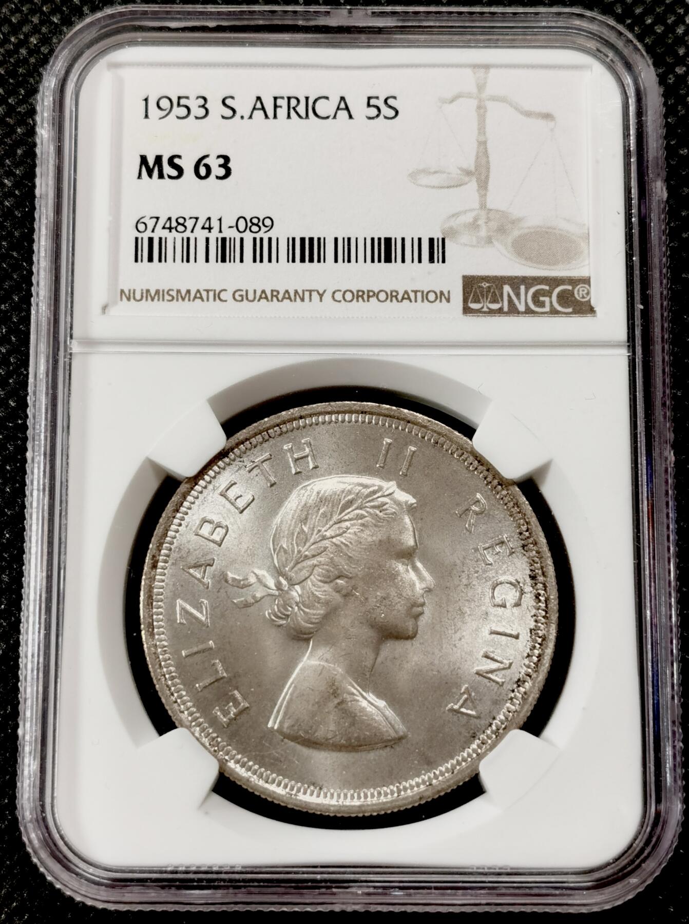 甄臻铺-世界钱币拍卖-南非西非东非专场（第10期）送拍享返佣金等优惠多多 NGC-MS63 英属南非 1953 5先令 银币 原味包浆，币面漂亮