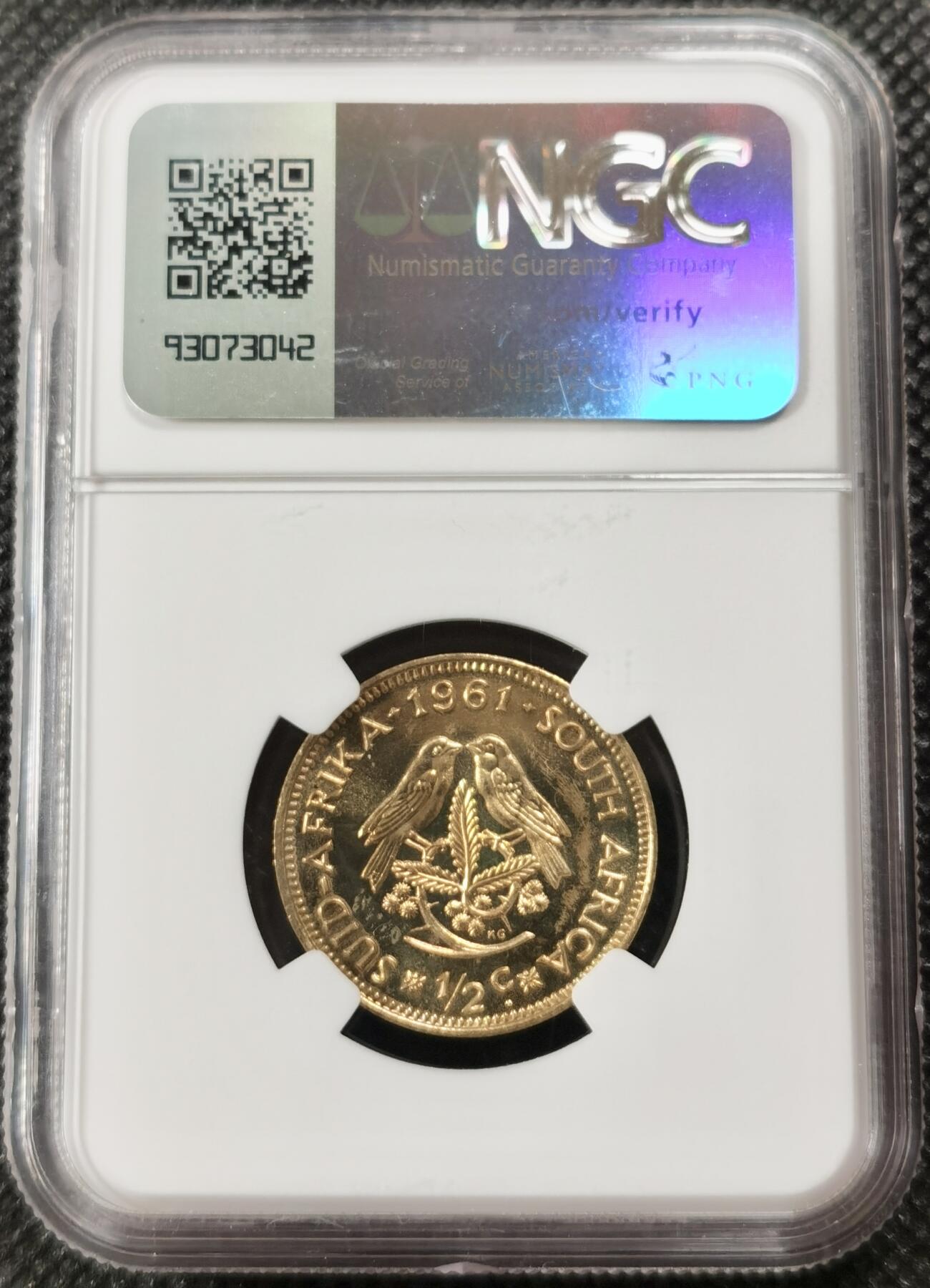 甄臻铺-世界钱币拍卖-南非西非东非专场（第10期）送拍享返佣金等优惠多多 NGC-PF64 南非 1961 1/2分 吕贝克首年精制铜币 币面转光，少见