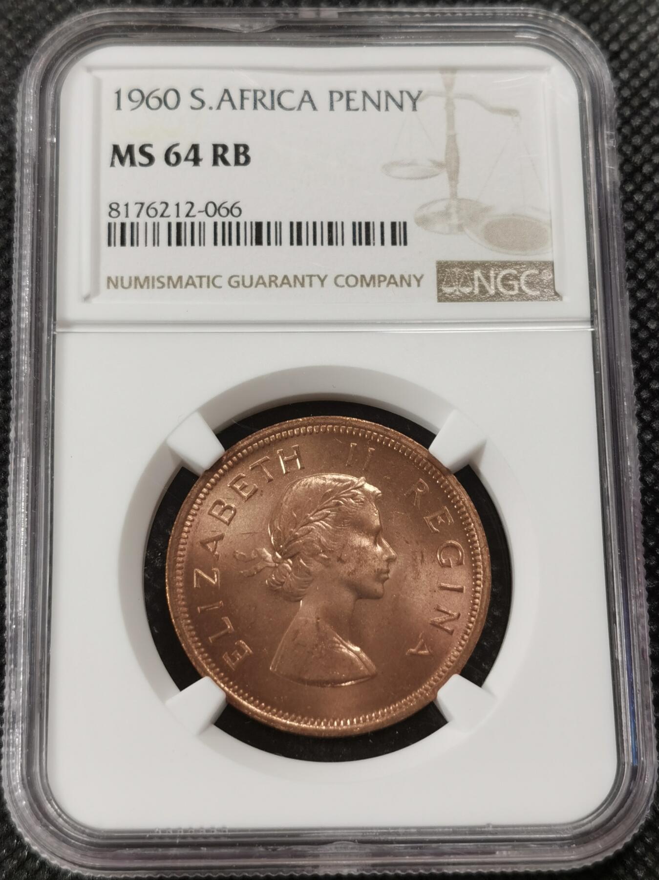 甄臻铺-世界钱币拍卖-南非西非东非专场（第10期）送拍享返佣金等优惠多多 NGC-MS64 英属南非 1960 1便士 原味包浆，币面漂亮