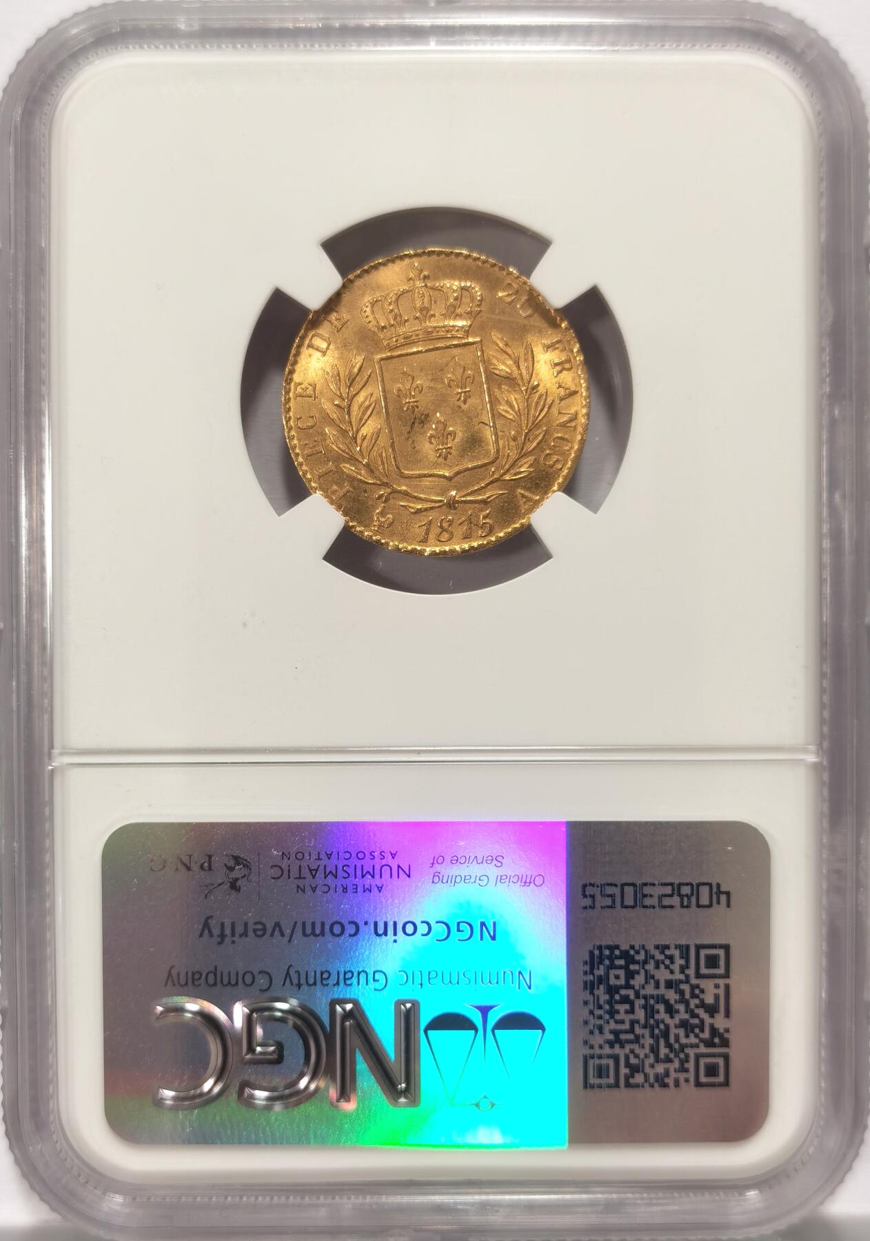 博洋堂世界钱币拍卖第115期（全场包邮） NGC MS64 1815年法国波旁王朝路易十八戎装20法郎金币 NGC亚军分数，国内公开市场首见64分，仅4枚65分更高。极为少见的品种，高分更是难得，1815年是他第一次复辟下台的年份，也是拿破仑百日王朝的年份，具有特殊意义，铸量也因上述原因不大，此枚无常见减重痕，打制也相当不错，堪称法系早期金币极品。随着近期金价暴涨，法系早期高分金币价格一路狂飙，本周三欧洲大拍同年64分已有2400欧元成交