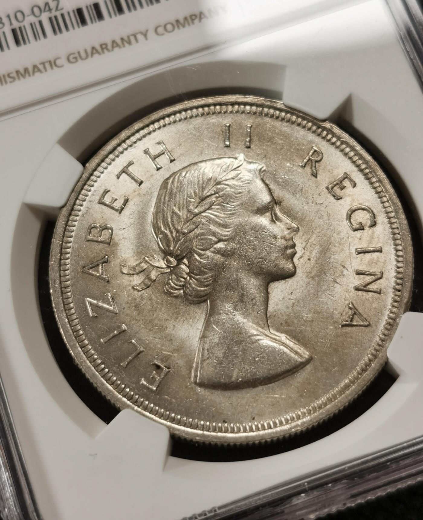 甄臻铺-世界钱币拍卖-南非西非东非专场（第10期）送拍享返佣金等优惠多多 NGC-MS63 英属南非 1955 5先令 银币 原味包浆，币面漂亮