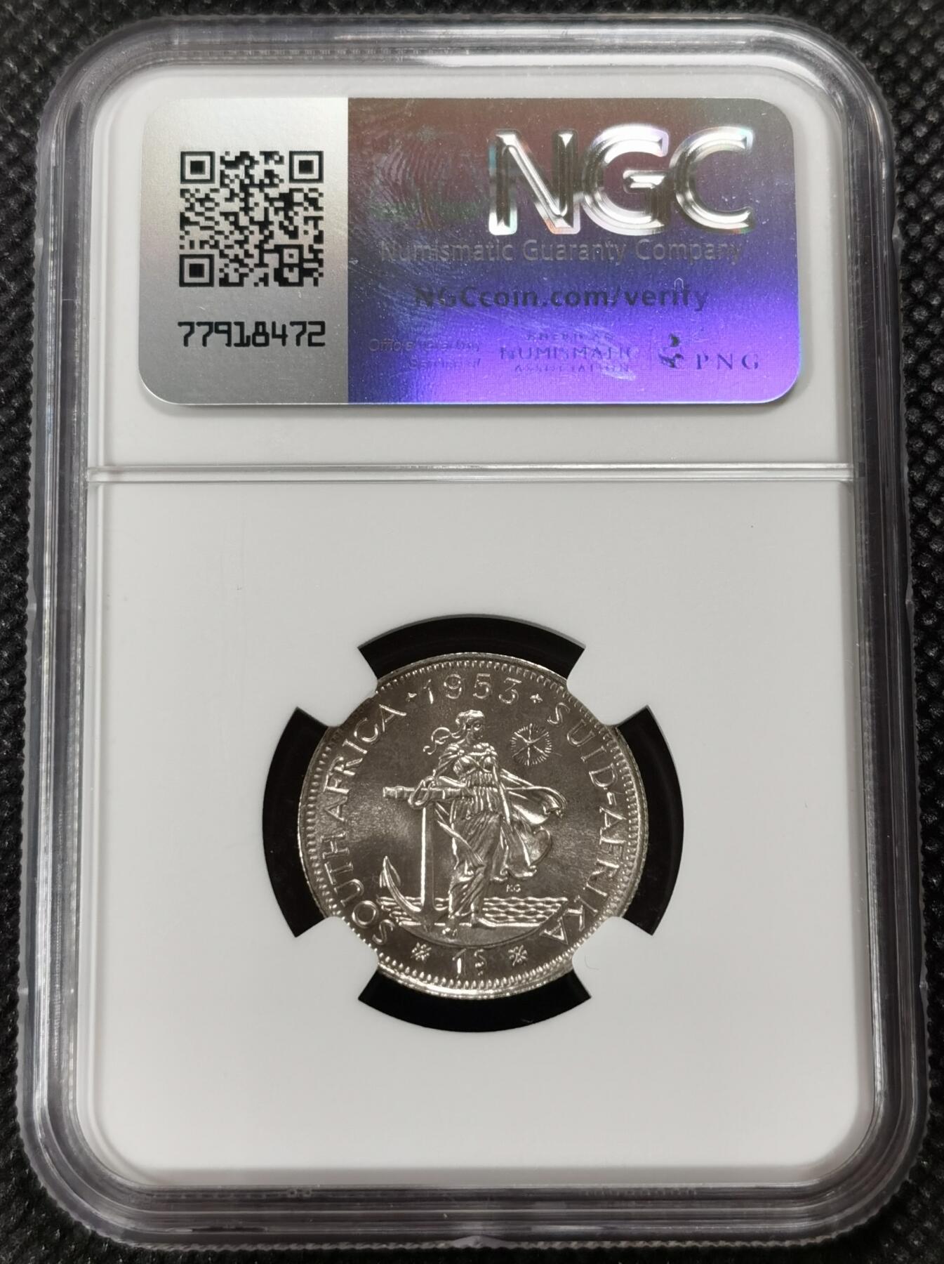 甄臻铺-世界钱币拍卖-南非西非东非专场（第10期）送拍享返佣金等优惠多多 NGC-PF65 英属南非 1953 1先令 银币精制 原味包浆，币面转光