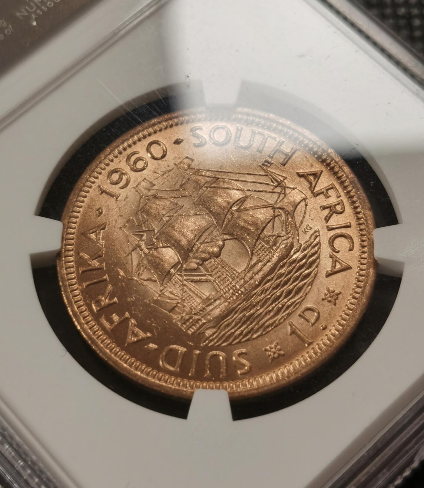 甄臻铺-世界钱币拍卖-南非西非东非专场（第10期）送拍享返佣金等优惠多多 NGC-MS65 英属南非 1960 1便士 原味包浆，币面漂亮