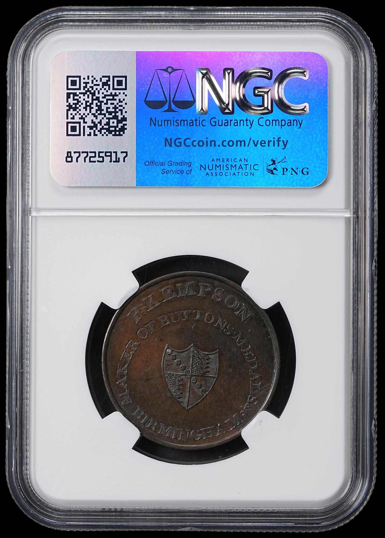 修遠堂世界钱币第六十二期 NGC MS62BN 1796年英国沃里克郡建筑系列1/2便士代用币