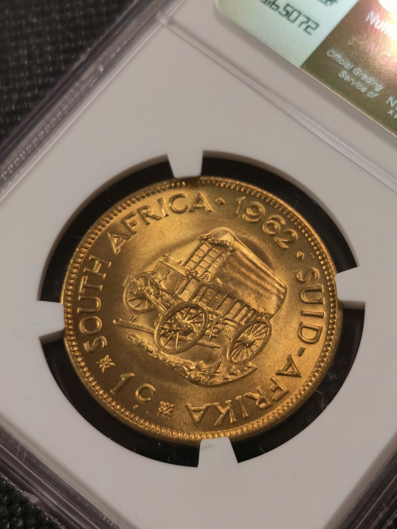 甄臻铺-世界钱币拍卖-南非西非东非专场（第10期）送拍享返佣金等优惠多多 NGC-MS67 南非 1962 1分 吕贝克铜币 币面转光，保存完好不易