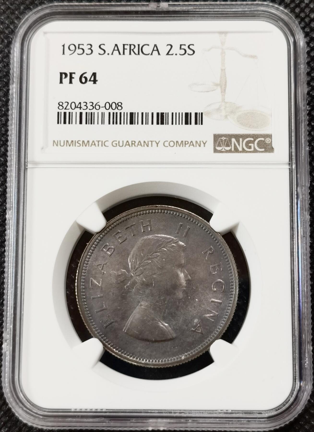 甄臻铺-世界钱币拍卖-南非西非东非专场（第10期）送拍享返佣金等优惠多多 NGC-PF64 英属南非 1953 2.5先令 银币精制 原味包浆，币面转光