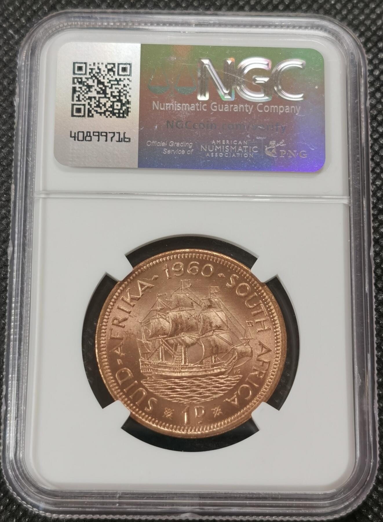 甄臻铺-世界钱币拍卖-南非西非东非专场（第10期）送拍享返佣金等优惠多多 NGC-MS64 英属南非 1960 1便士 原味包浆，币面漂亮