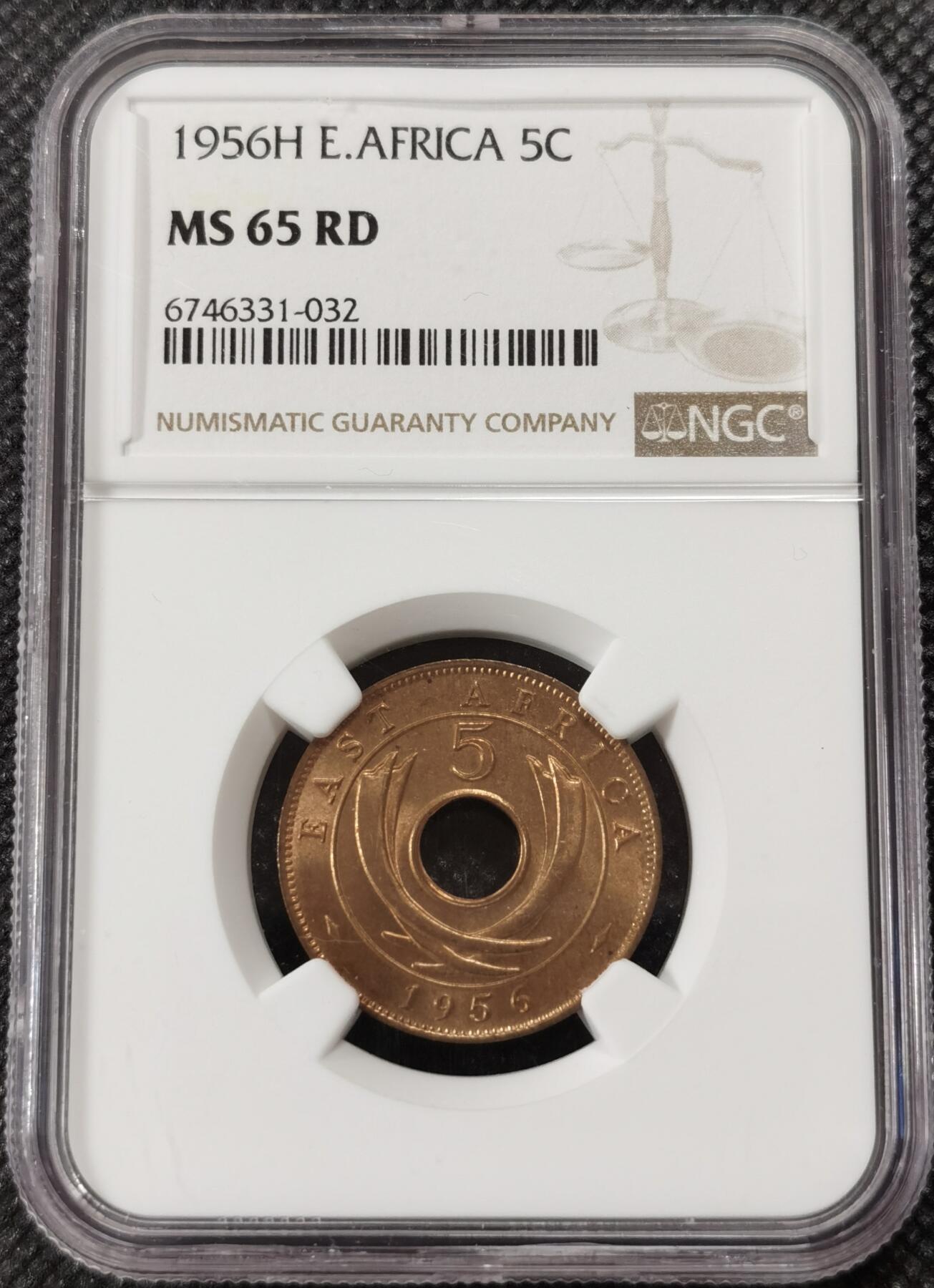 甄臻铺-世界钱币拍卖-南非西非东非专场（第10期）送拍享返佣金等优惠多多 NGC-MS65 英属东非 1956 H版 5分 原味包浆，币面漂亮