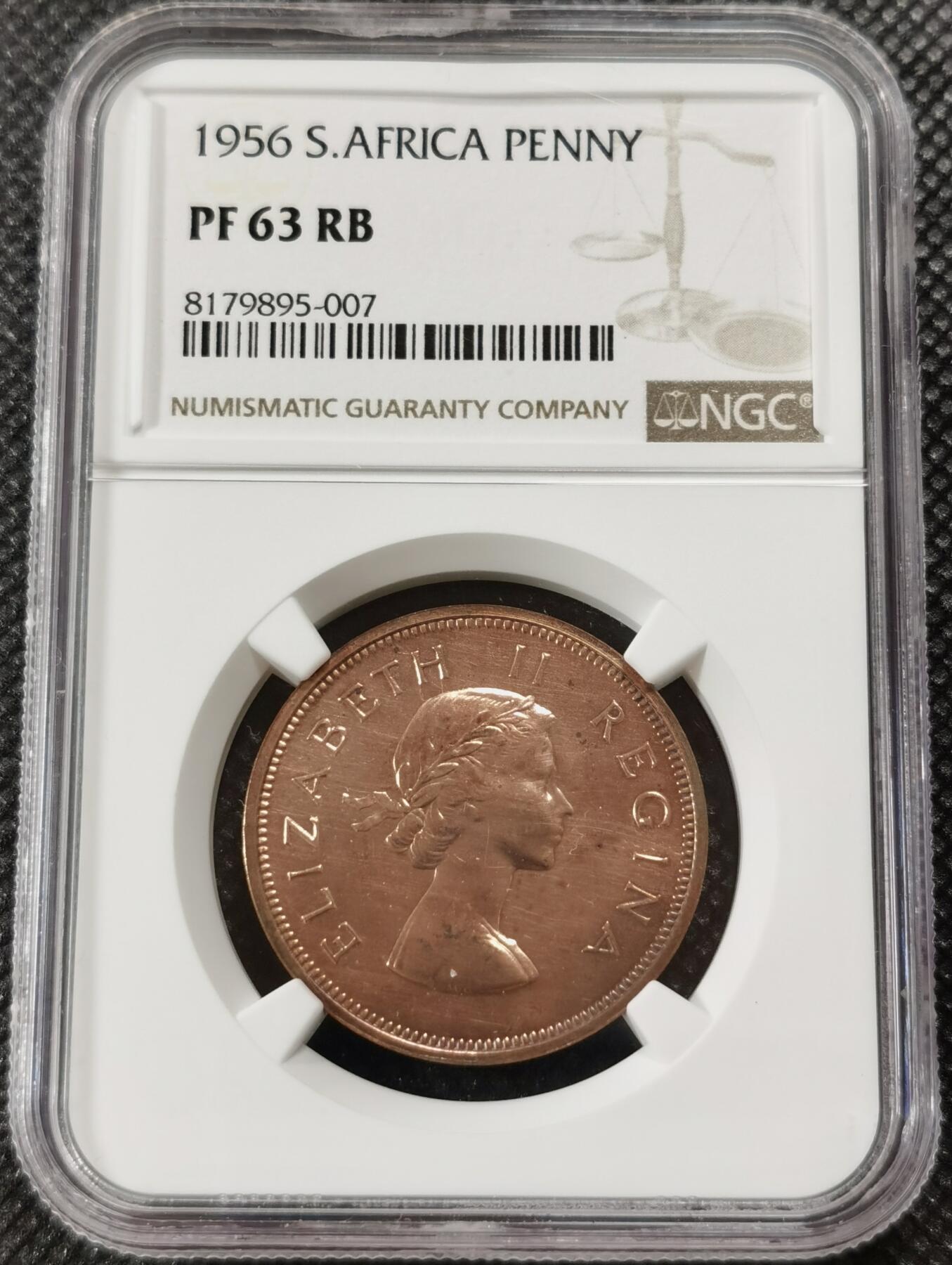 甄臻铺-世界钱币拍卖-南非西非东非专场（第10期）送拍享返佣金等优惠多多 NGC-PF63 英属南非 1956 1便士 精制 原味包浆，币面转光