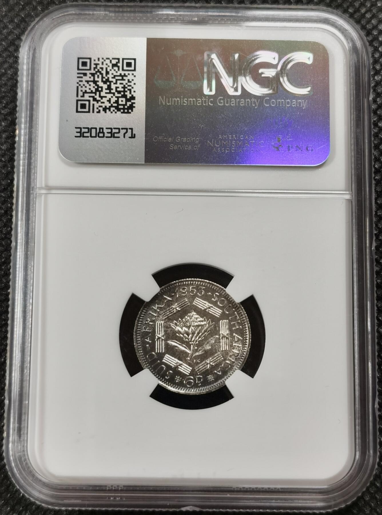 甄臻铺-世界钱币拍卖-南非西非东非专场（第10期）送拍享返佣金等优惠多多 NGC-PF66 英属南非 1953 6便士 精制 原味包浆，币面转光