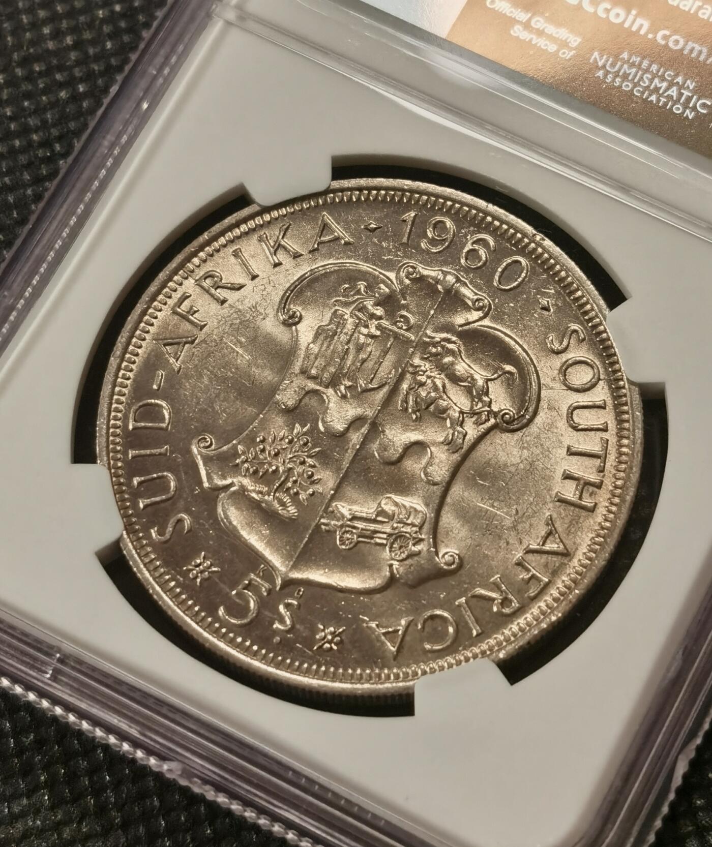 甄臻铺-世界钱币拍卖-南非西非东非专场（第10期）送拍享返佣金等优惠多多 NGC-MS62 南非联盟成立50周年 1960 5先令 银币 原味包浆，币面转光
