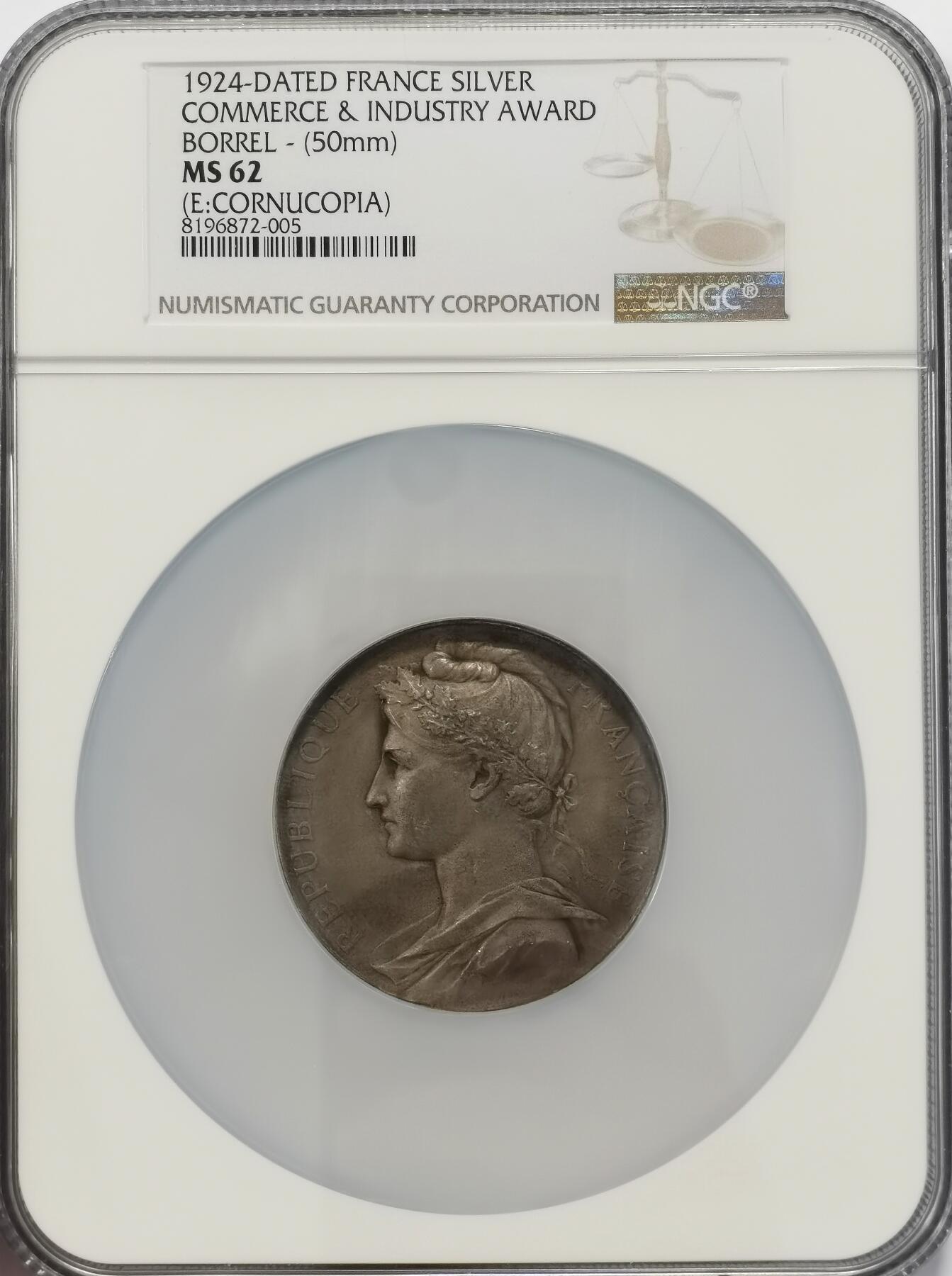 博洋堂世界钱币拍卖第115期（全场包邮） NGC MS62 法国1924年商业保险联盟纪念大银章，50mm超大款。大型纪念币章由于更容易受到磕碰和污染，出分不易。