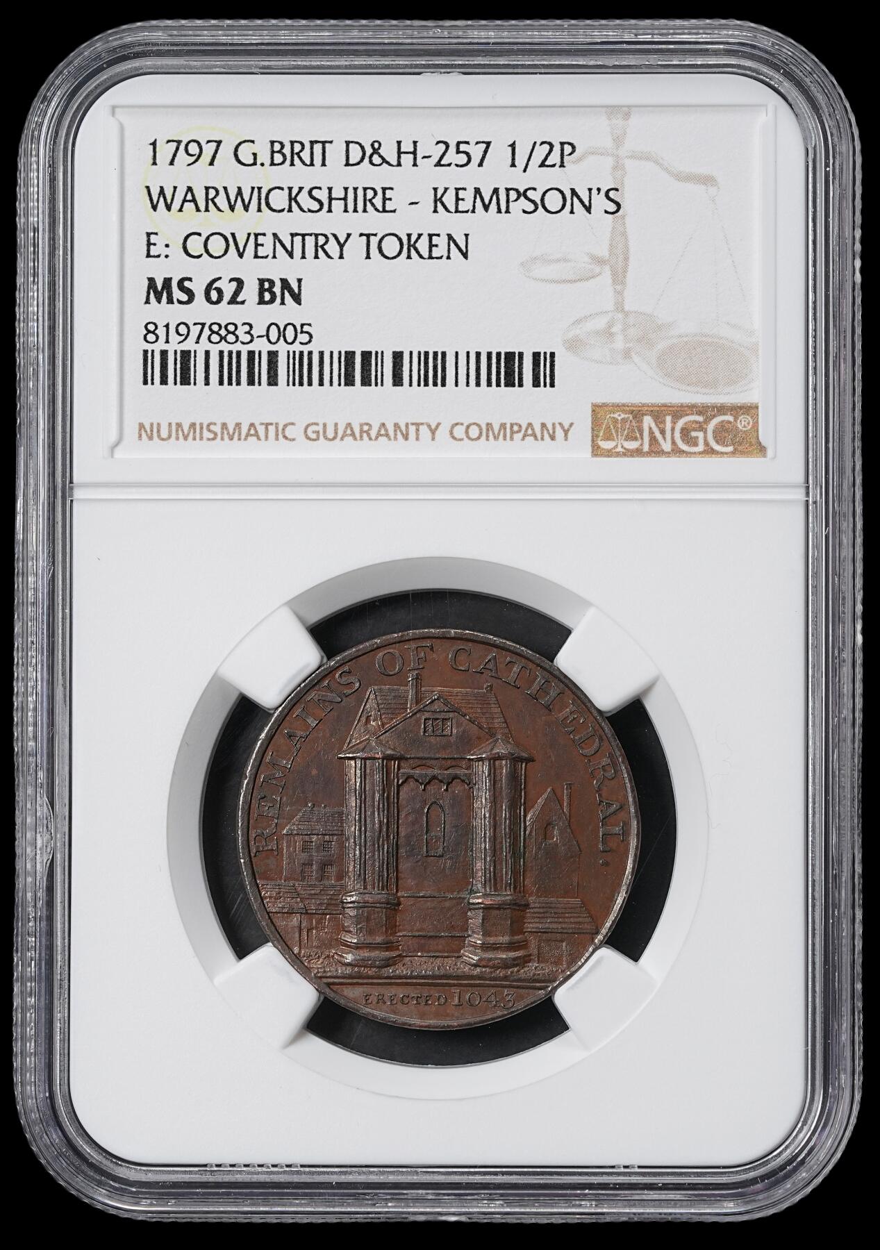 修遠堂世界钱币第六十二期 NGC MS62BN 1797年英国沃里克郡建筑系列1/2便士代用币