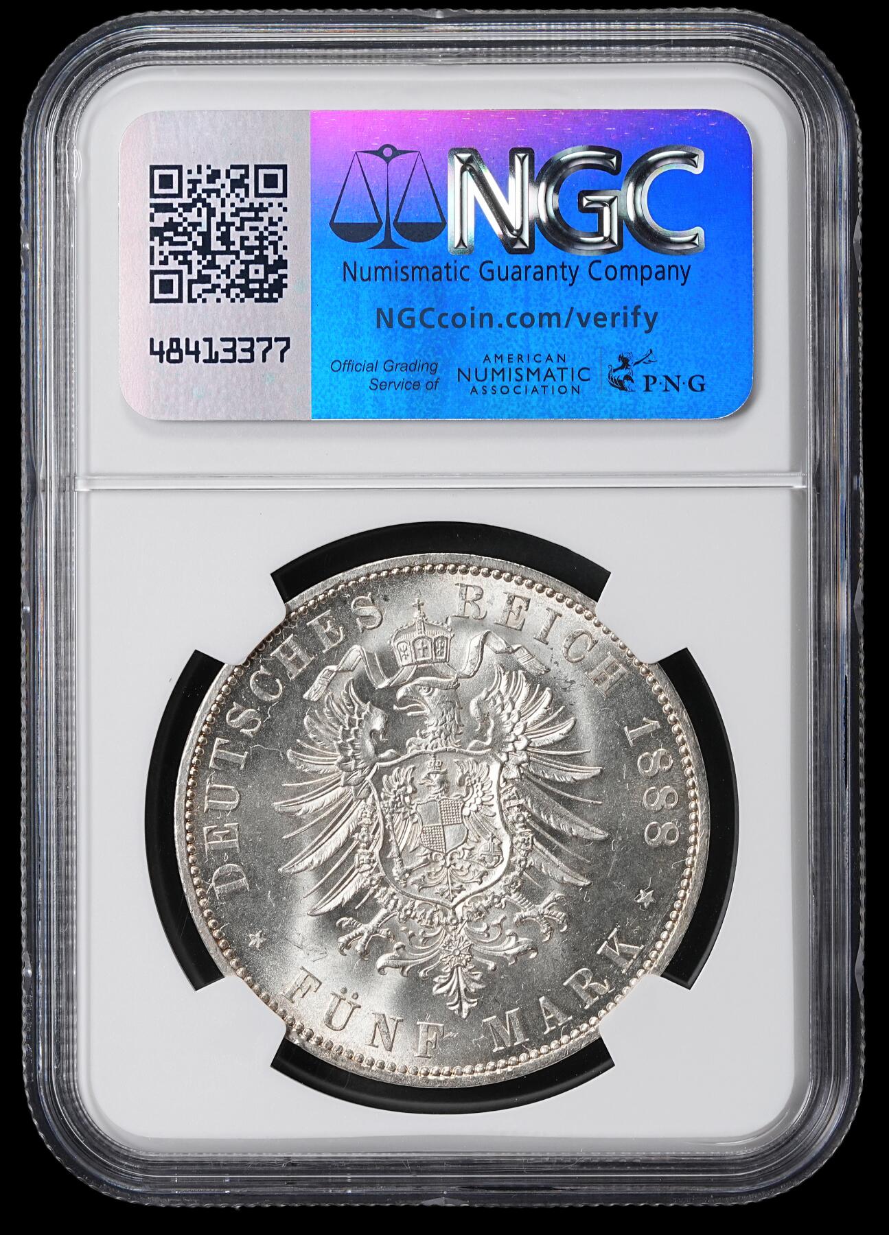 修遠堂世界钱币第六十二期 NGC MS64+ 1888年普鲁士腓特烈三世5马克大银币 强转光