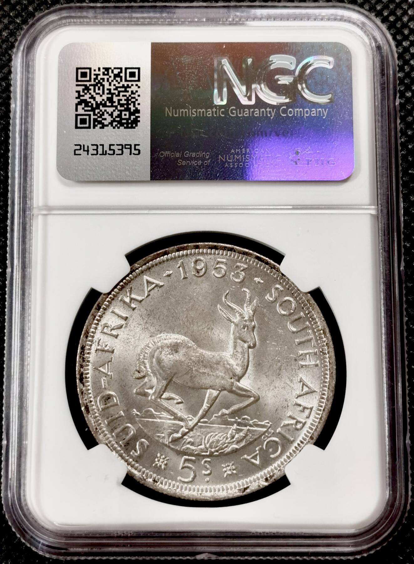 甄臻铺-世界钱币拍卖-南非西非东非专场（第10期）送拍享返佣金等优惠多多 NGC-MS63 英属南非 1953 5先令 银币 原味包浆，币面漂亮