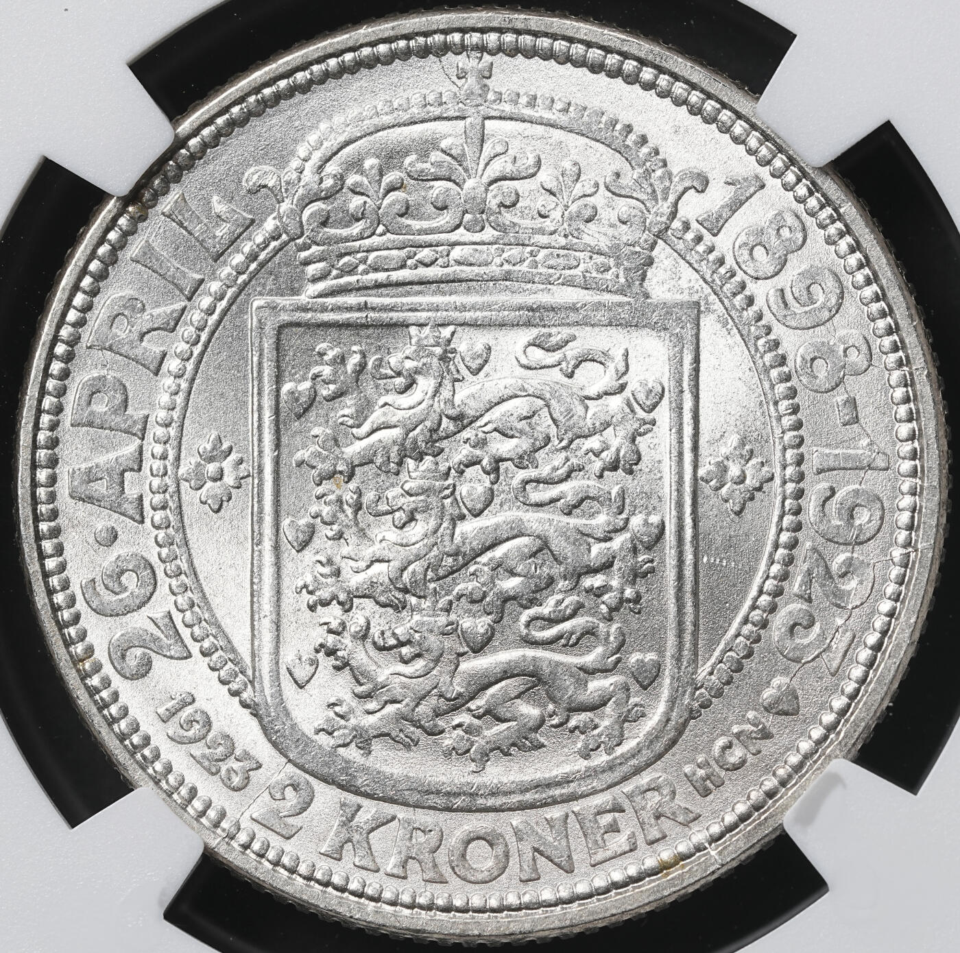 修遠堂世界钱币第六十二期 NGC MS65 1923年丹麦国王银婚纪念2克朗银币