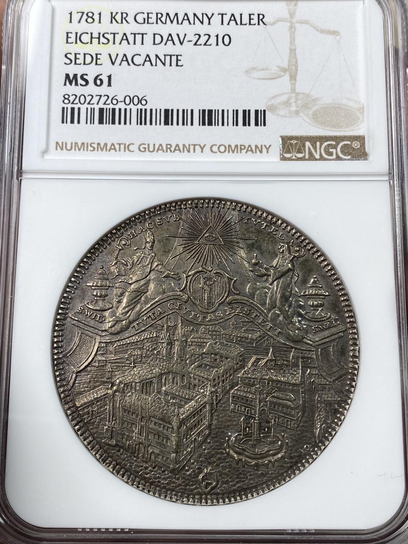 万国钱币拍卖第043期 NGC MS61 1781年德国埃因施塔特宗教缺位城市景观泰勒 德系名品之一 原味欧洲包浆 细节繁复华丽 28G大规格