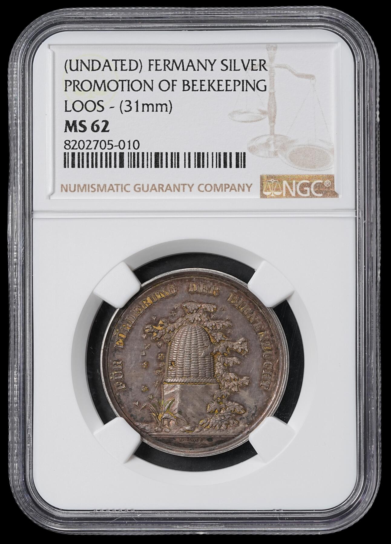 修遠堂世界钱币第六十二期 NGC MS62 19世纪初德国养蜂业银章 五彩 名家LOOS作品