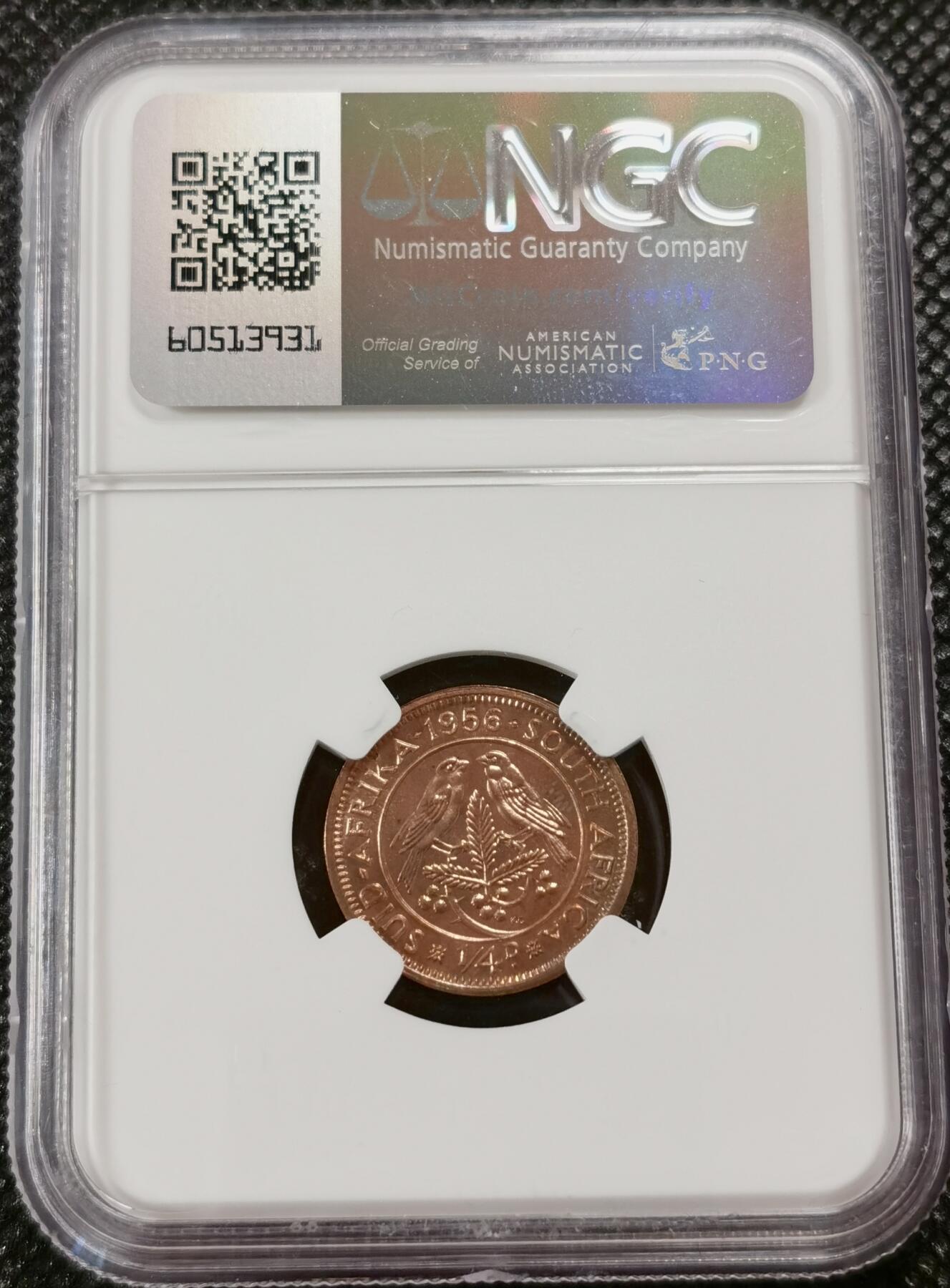 甄臻铺-世界钱币拍卖-南非西非东非专场（第10期）送拍享返佣金等优惠多多 NGC-PF66 英属南非 1956 1/4便士 精制 原味包浆，币面转光