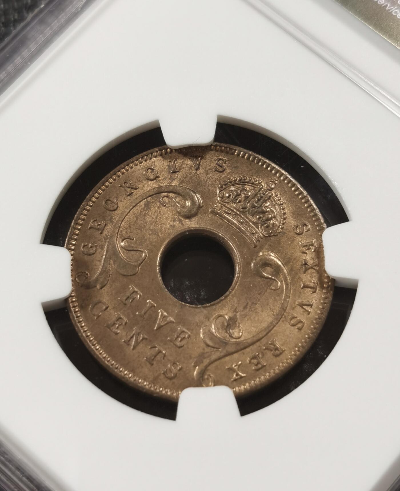 甄臻铺-世界钱币拍卖-南非西非东非专场（第10期）送拍享返佣金等优惠多多 NGC-MS64 英属东非 1952 5分 状态不错