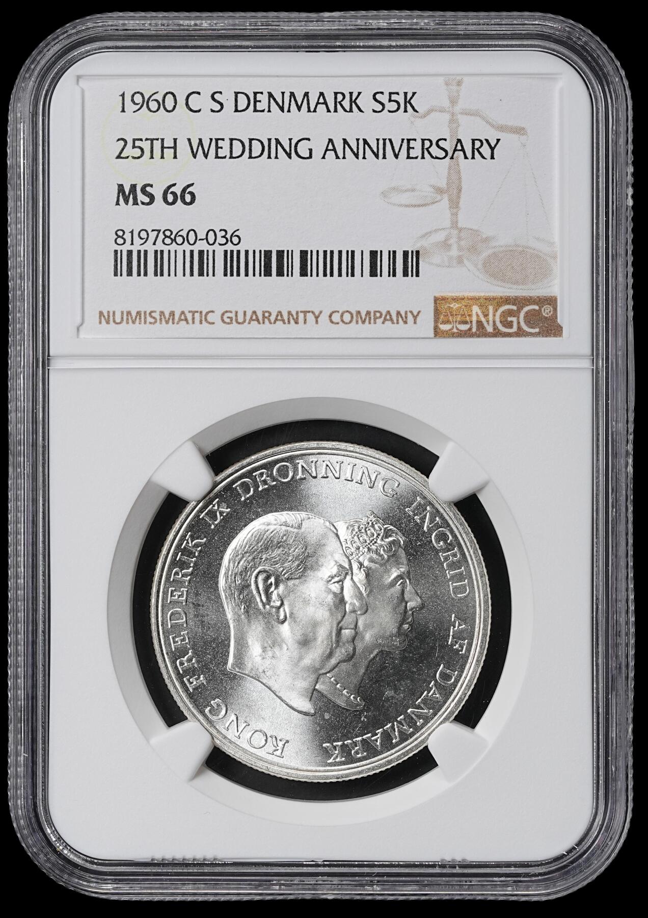 修遠堂世界钱币第六十二期 NGC MS66 1960年丹麦国王银婚5克朗银币