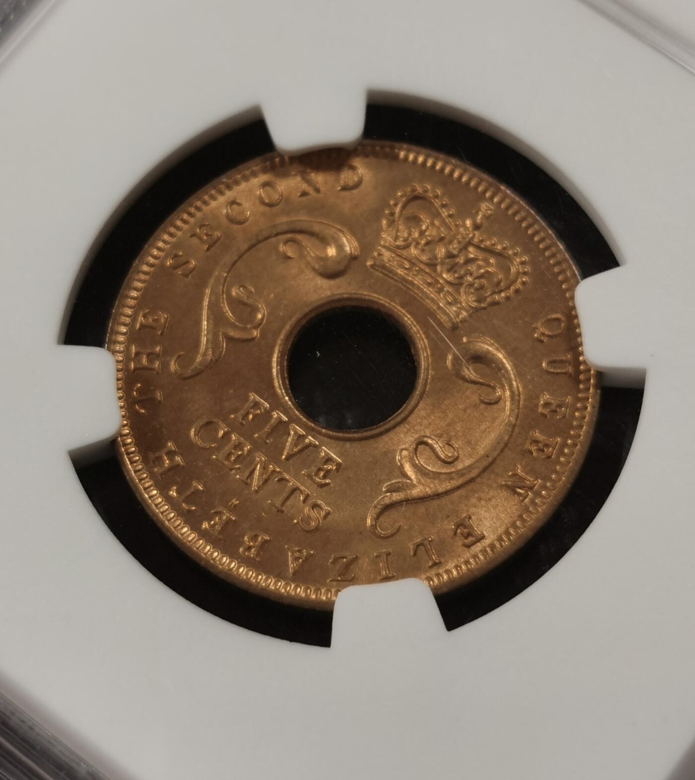 甄臻铺-世界钱币拍卖-南非西非东非专场（第10期）送拍享返佣金等优惠多多 NGC-MS65 英属东非 1956 H版 5分 原味包浆，币面漂亮