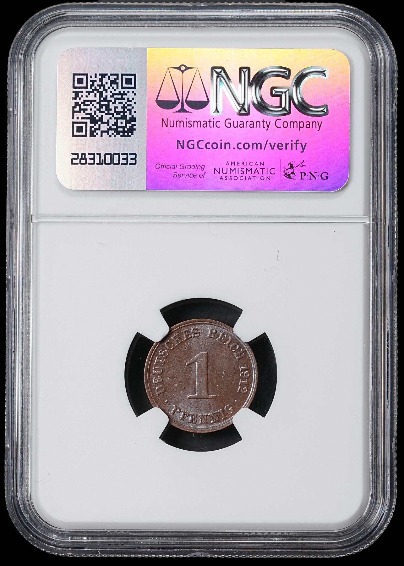 修遠堂世界钱币第六十二期 NGC MS62BN 1912年德国1芬尼铜币 A厂铭