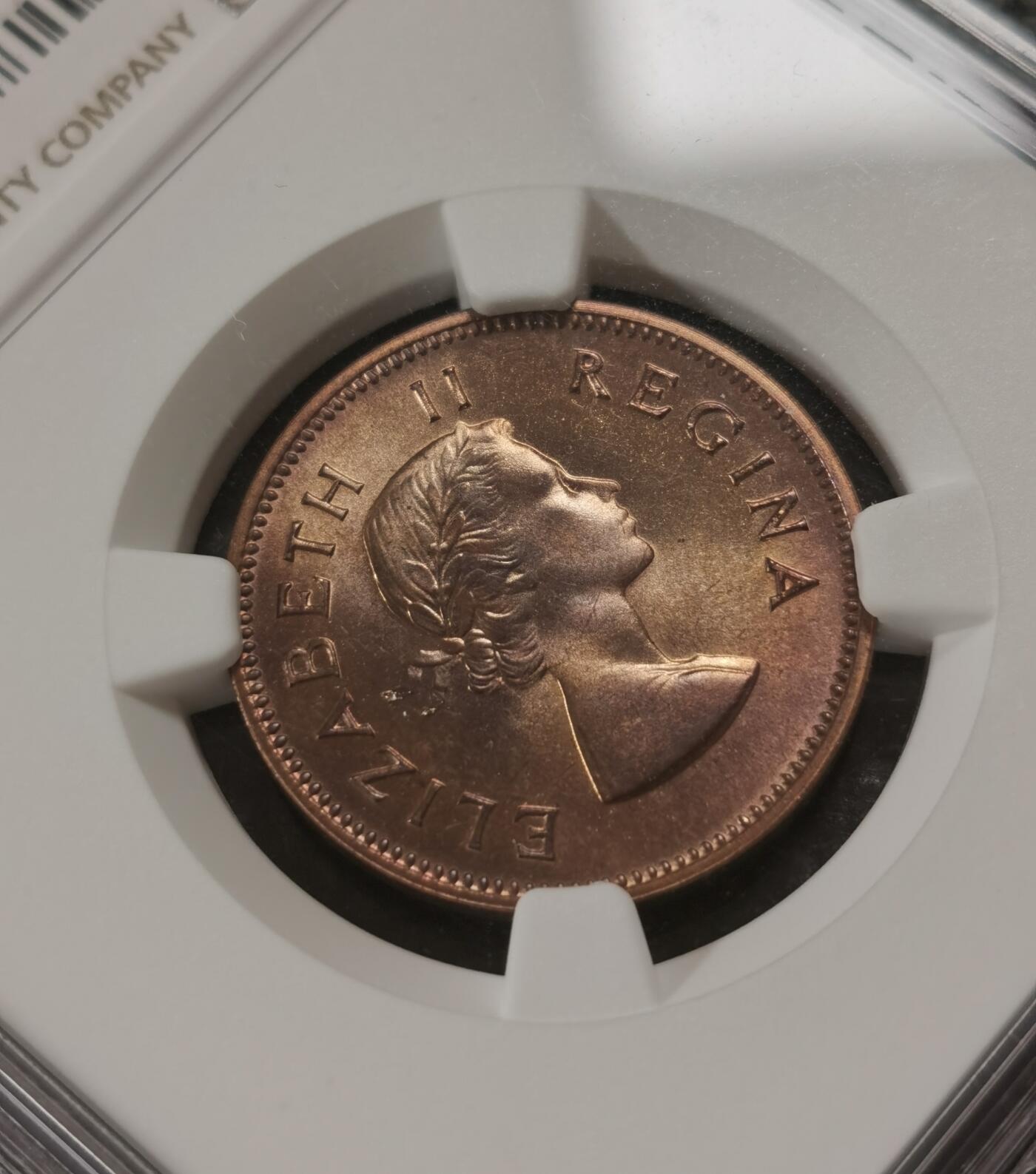 甄臻铺-世界钱币拍卖-南非西非东非专场（第10期）送拍享返佣金等优惠多多 NGC-PF66RB 英属南非 1953 1/2便士 精制 原味包浆，币面转光