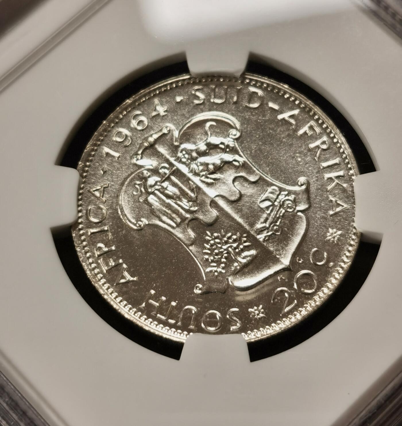 甄臻铺-世界钱币拍卖-南非西非东非专场（第10期）送拍享返佣金等优惠多多 NGC-PF67 南非 1964 20分 吕贝克精制银币 币面转光，亚军分