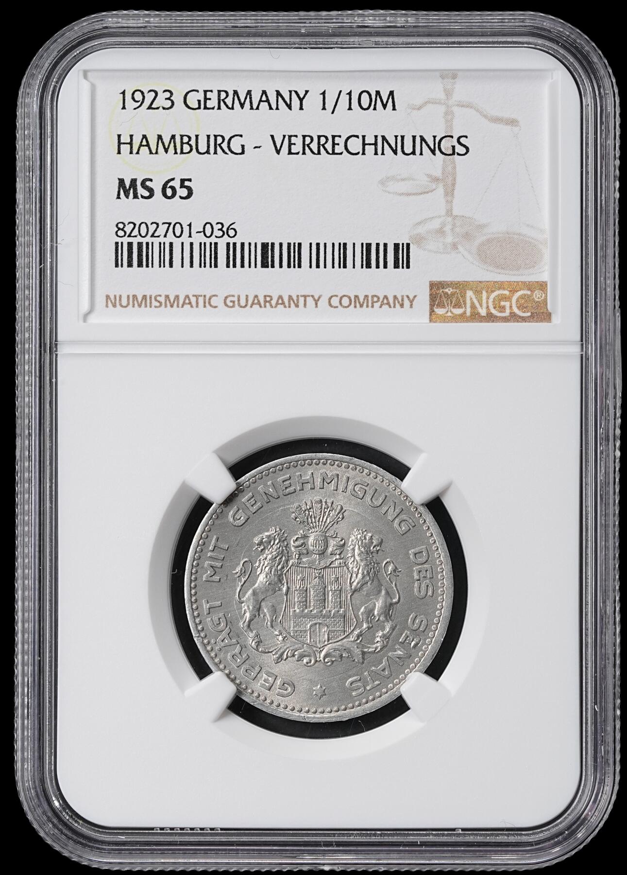 修遠堂世界钱币第六十二期 NGC MS65 1923年德国紧急时期汉堡100万马克铝币